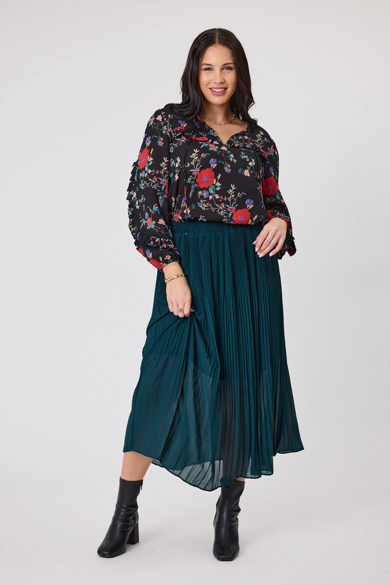 Gloss The Label Lula Variagated Pleated Skirt Petrol - Image 3