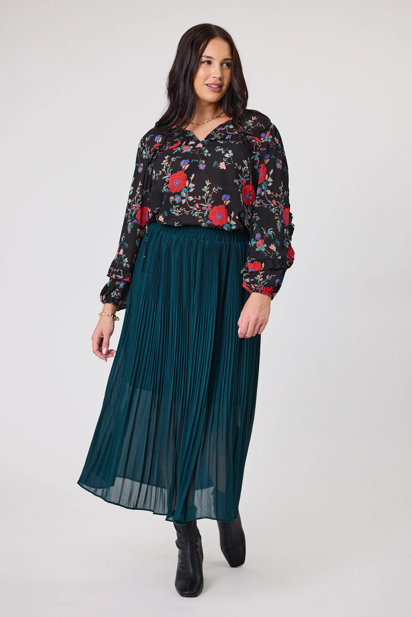 Gloss The Label Lula Variagated Pleated Skirt Petrol - Image 5