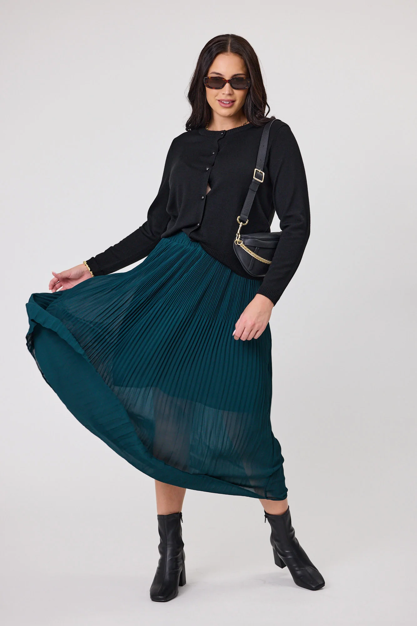 Gloss The Label Lula Variagated Pleated Skirt Petrol - Image 6