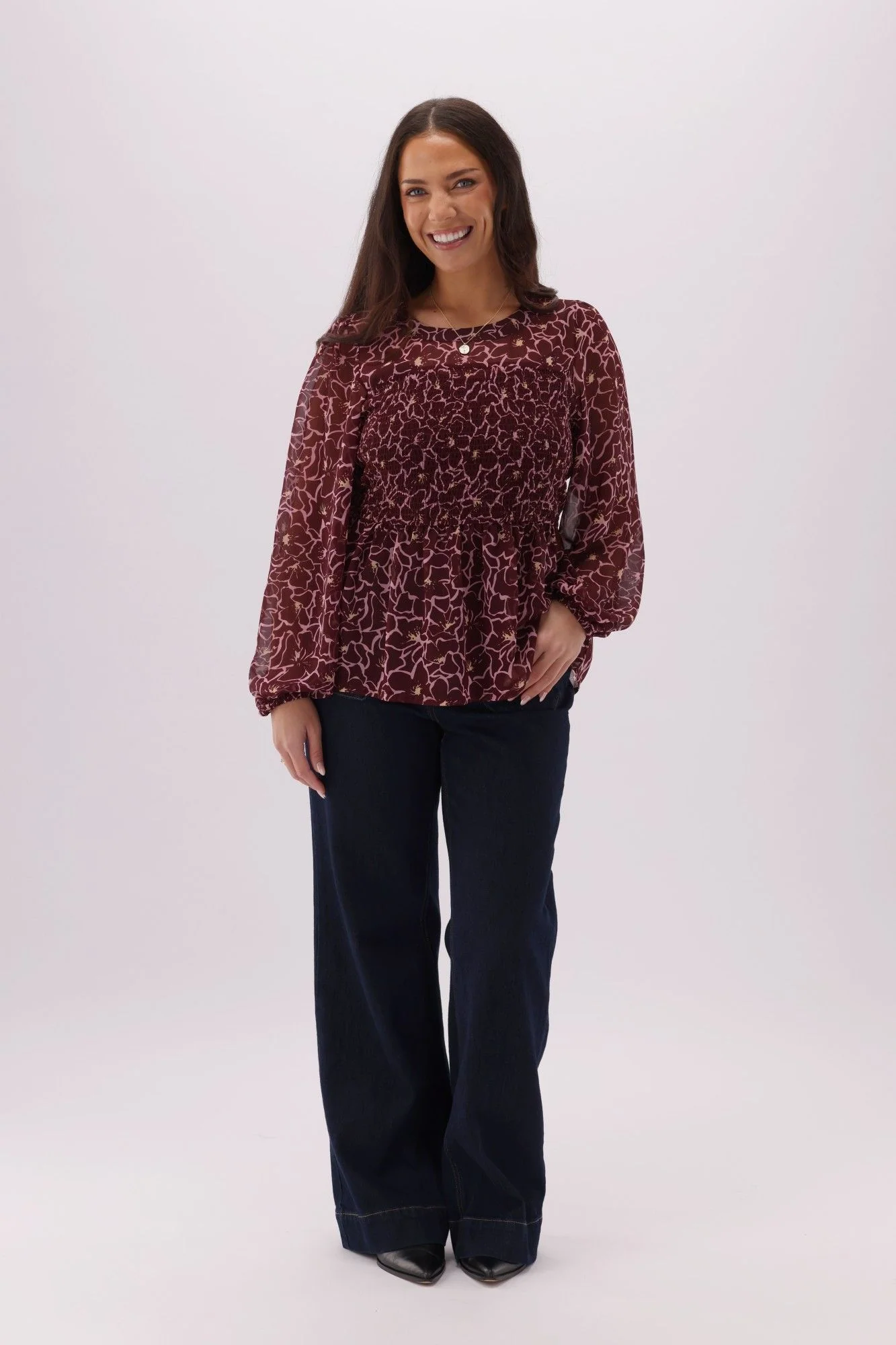 Gloss The Label Lumen Shirred Bodice Top Wine Floral - Image 4