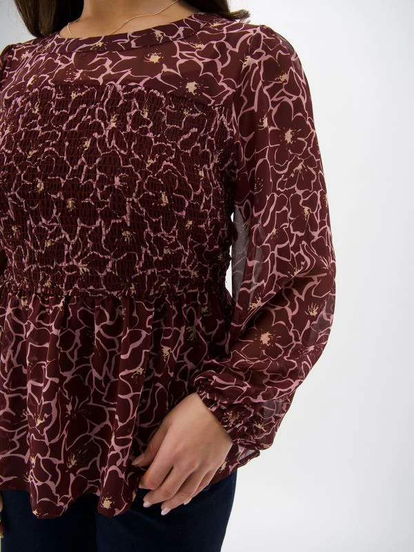 Gloss The Label Lumen Shirred Bodice Top Wine Floral - Image 6