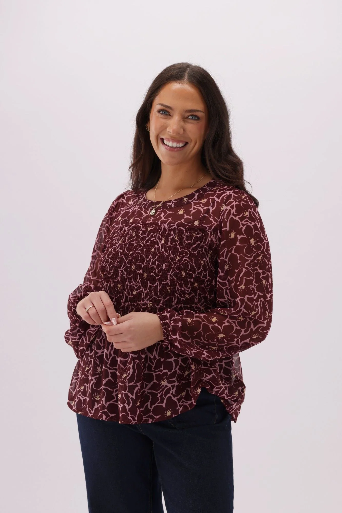 Gloss The Label Lumen Shirred Bodice Top Wine Floral - Image 7