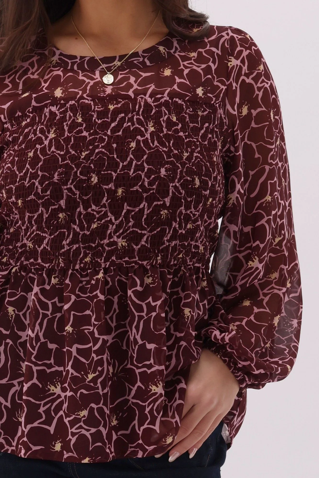Gloss The Label Lumen Shirred Bodice Top Wine Floral - Image 9