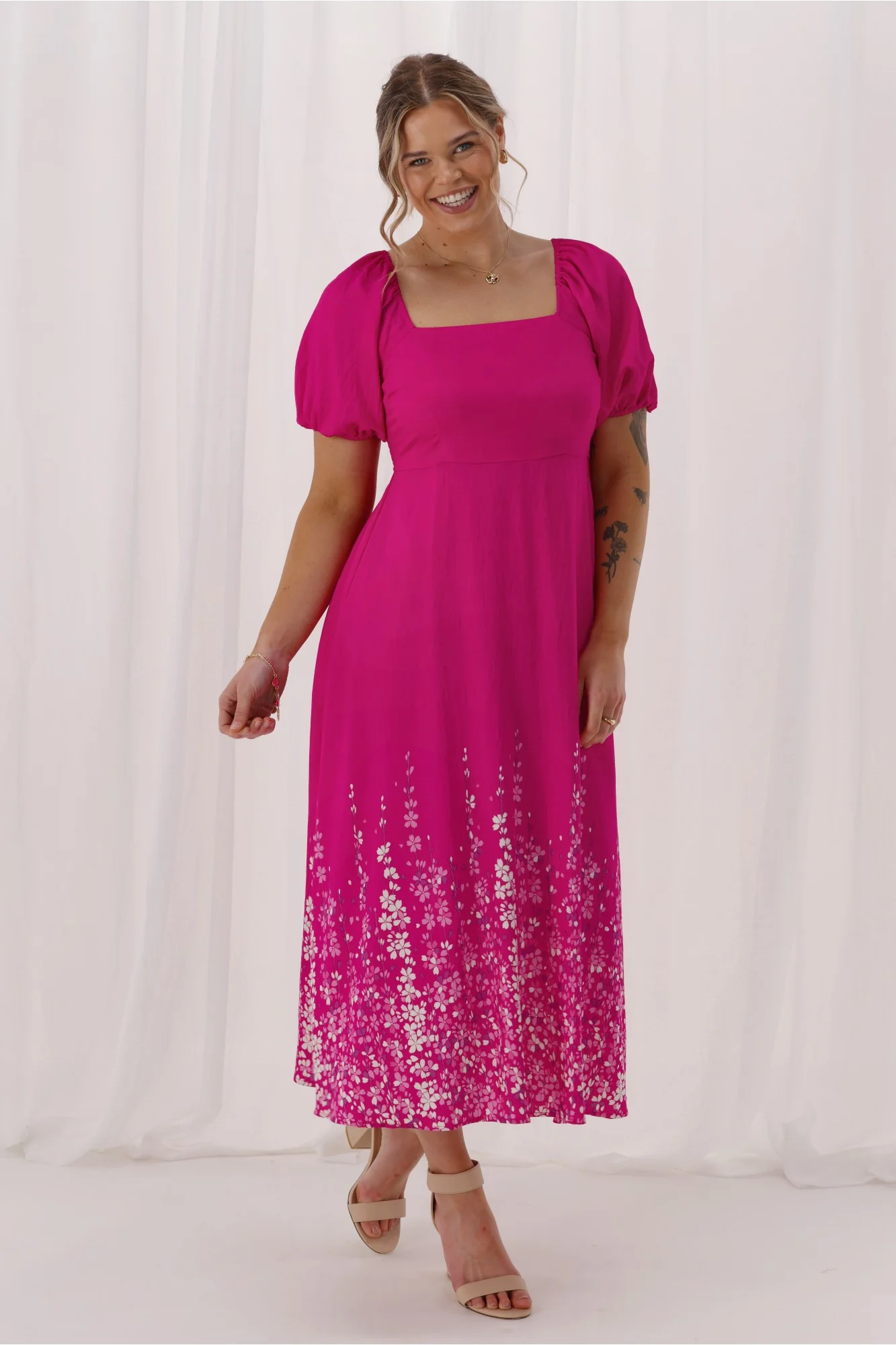 Gloss The Label Maggie Puff Sleeve Dress Pink Petal print