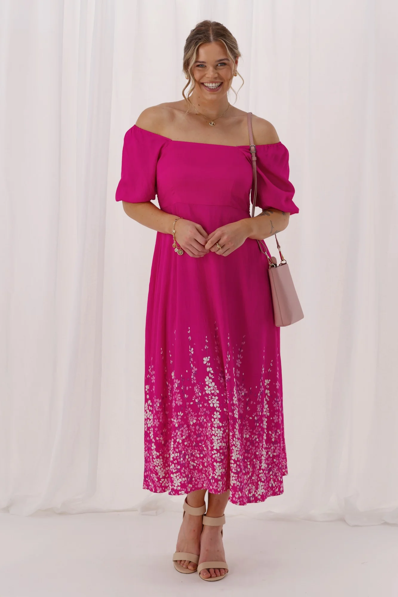 Gloss The Label Maggie Puff Sleeve Dress Pink Petal print - Image 2