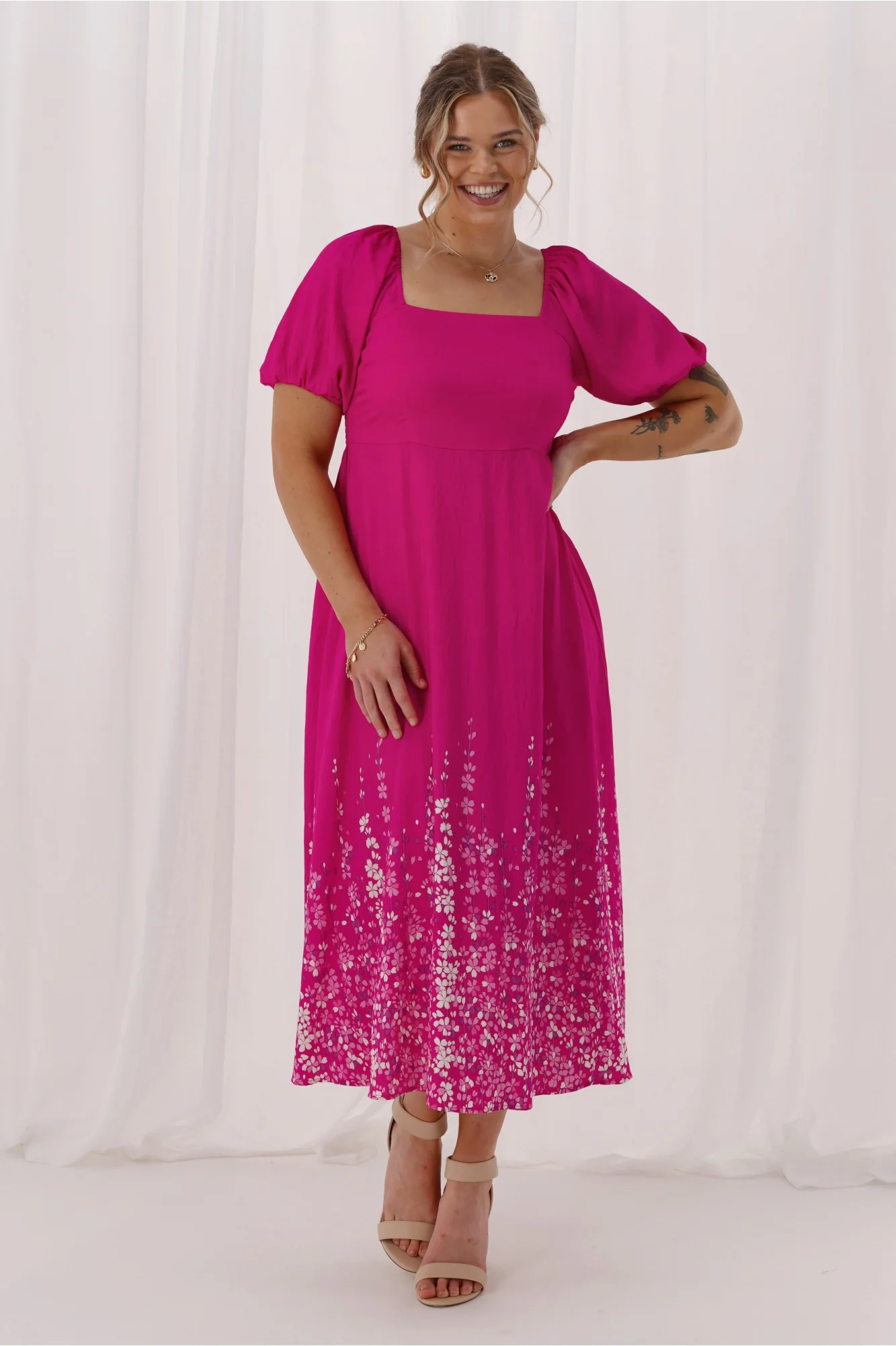 Gloss The Label Maggie Puff Sleeve Dress Pink Petal print - Image 4