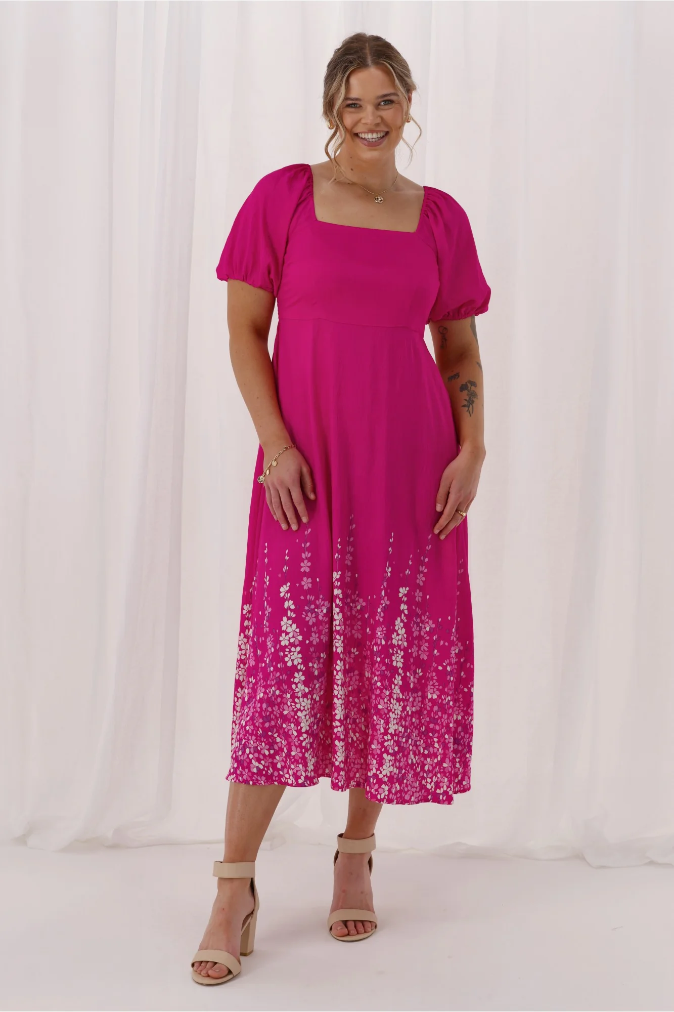 Gloss The Label Maggie Puff Sleeve Dress Pink Petal print - Image 5
