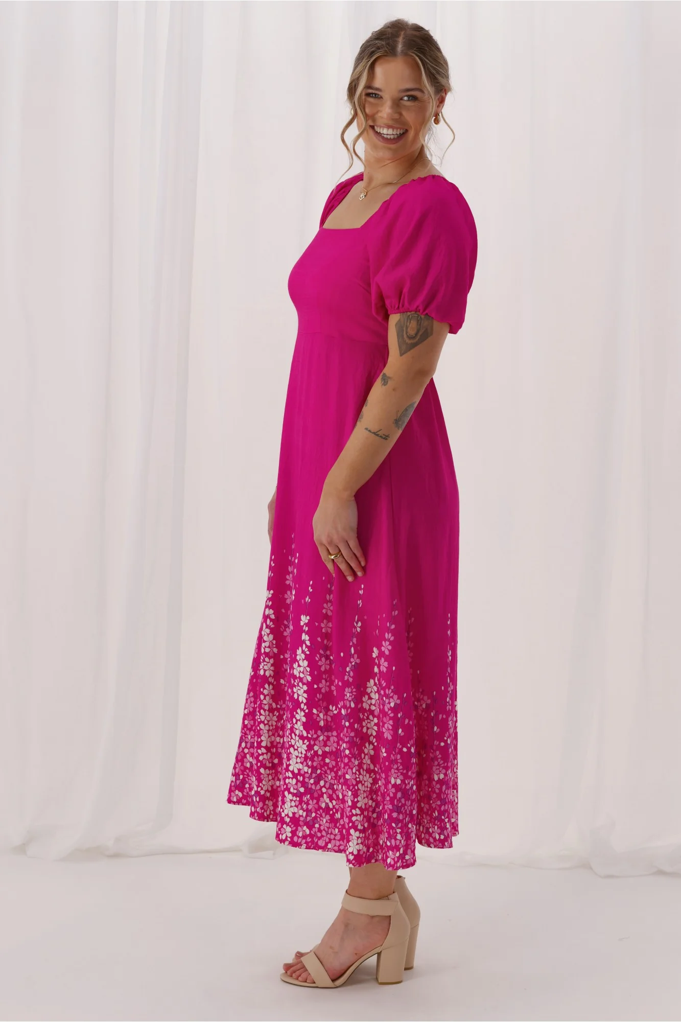 Gloss The Label Maggie Puff Sleeve Dress Pink Petal print - Image 6
