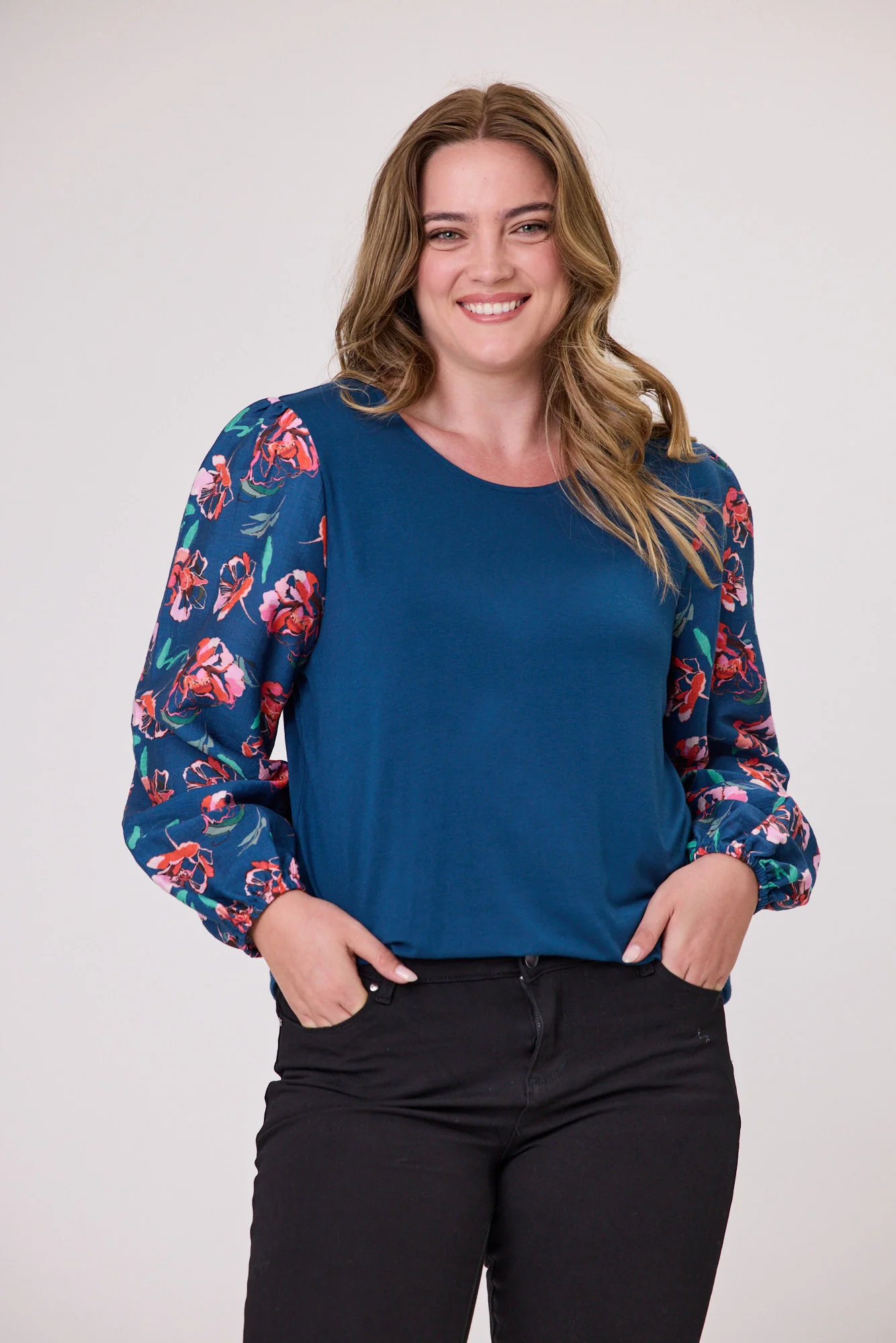 Gloss The Label Malina Contrast Long Sleeve Top Teal Floral