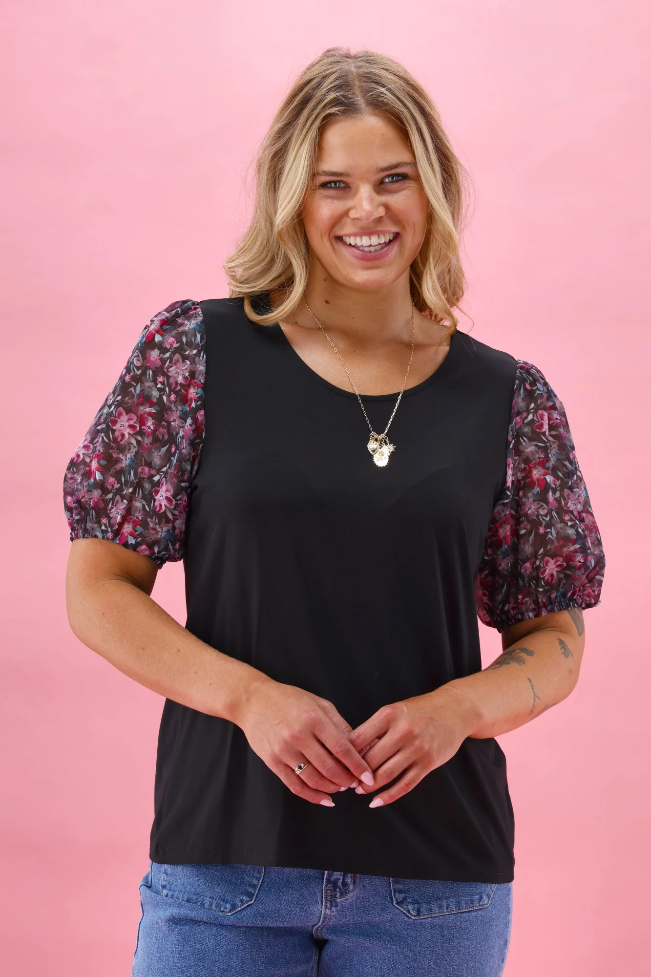 Gloss The Label Malina Contrast Sleeve Top Teal Pink Floral - Image 3