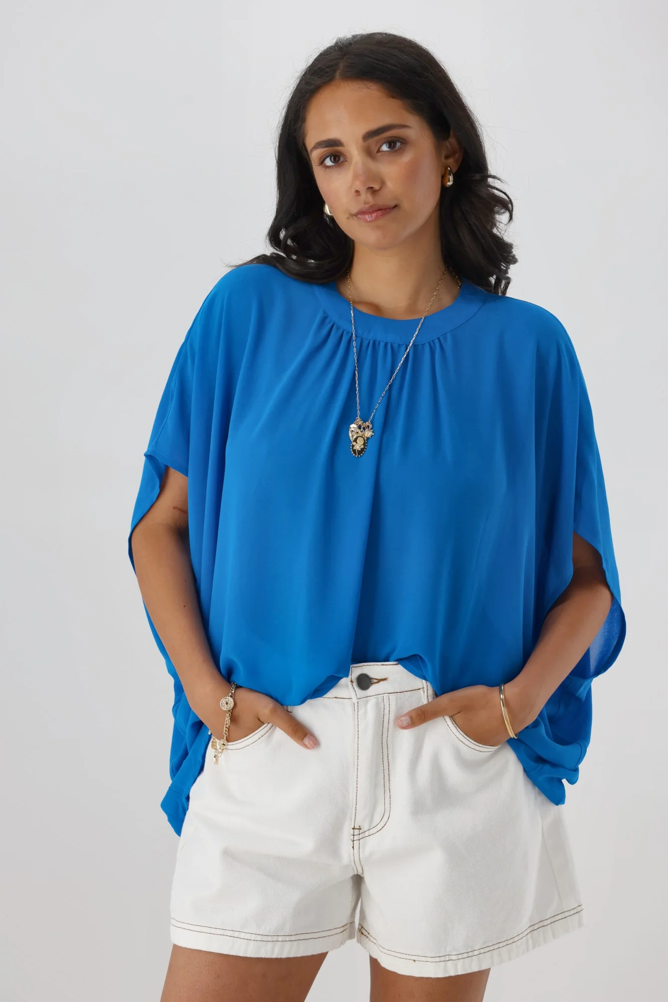 Gloss The Label Mathilda Batwing Tie Neck Top Bright Blue