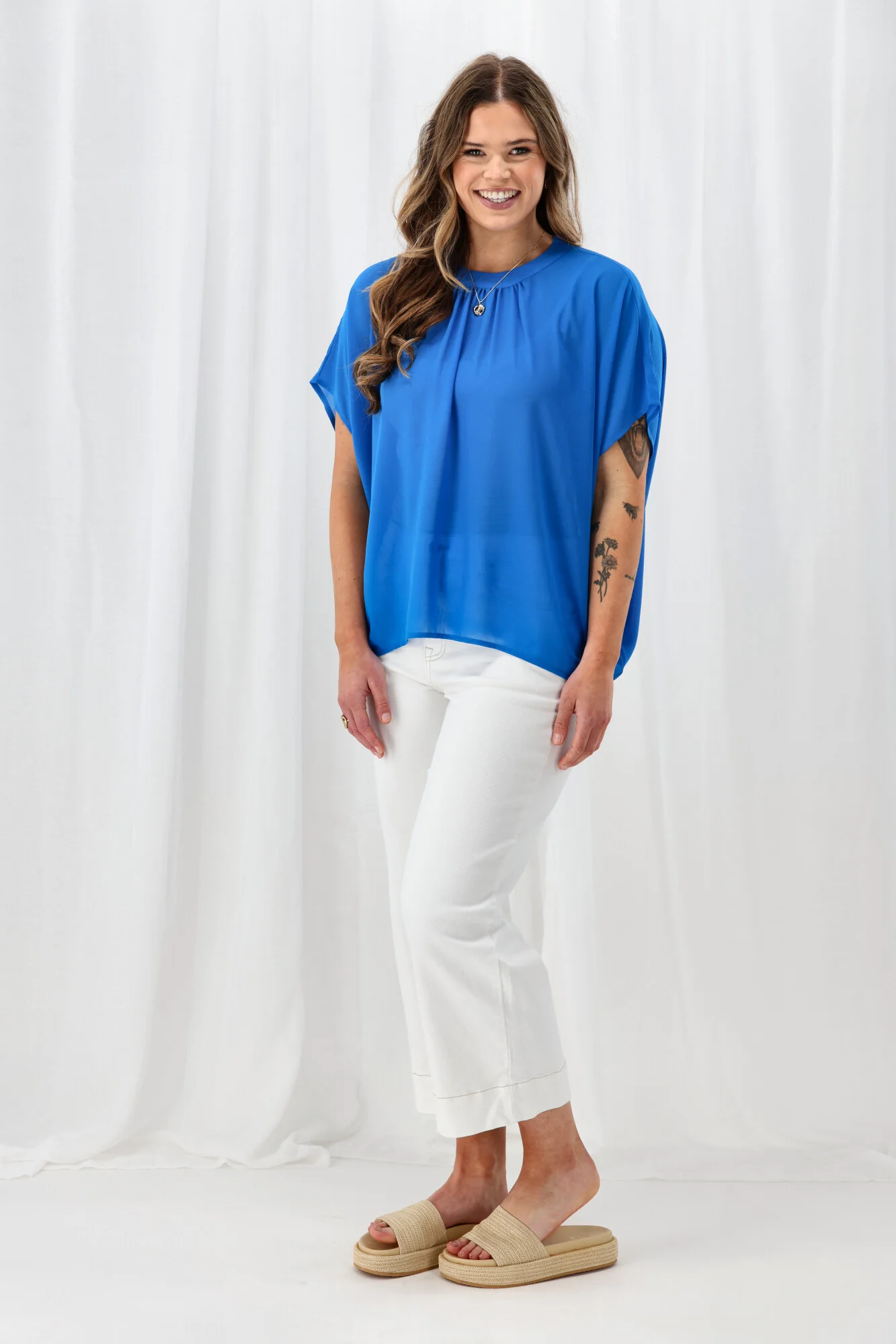 Gloss The Label Mathilda Batwing Tie Neck Top Bright Blue - Image 6
