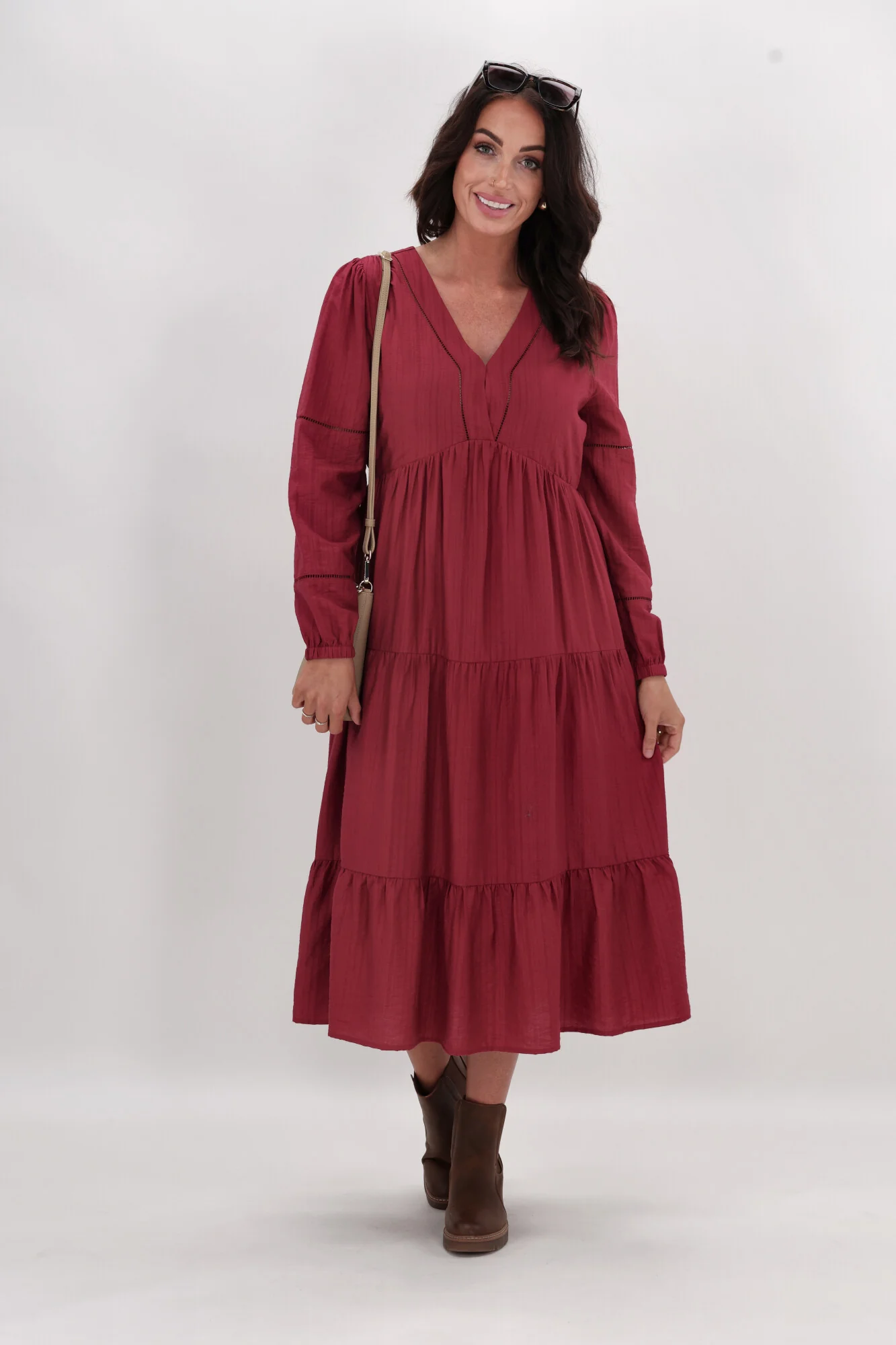 Gloss The Label Maye Shirred Sleeve Dress Cranberry - Image 6