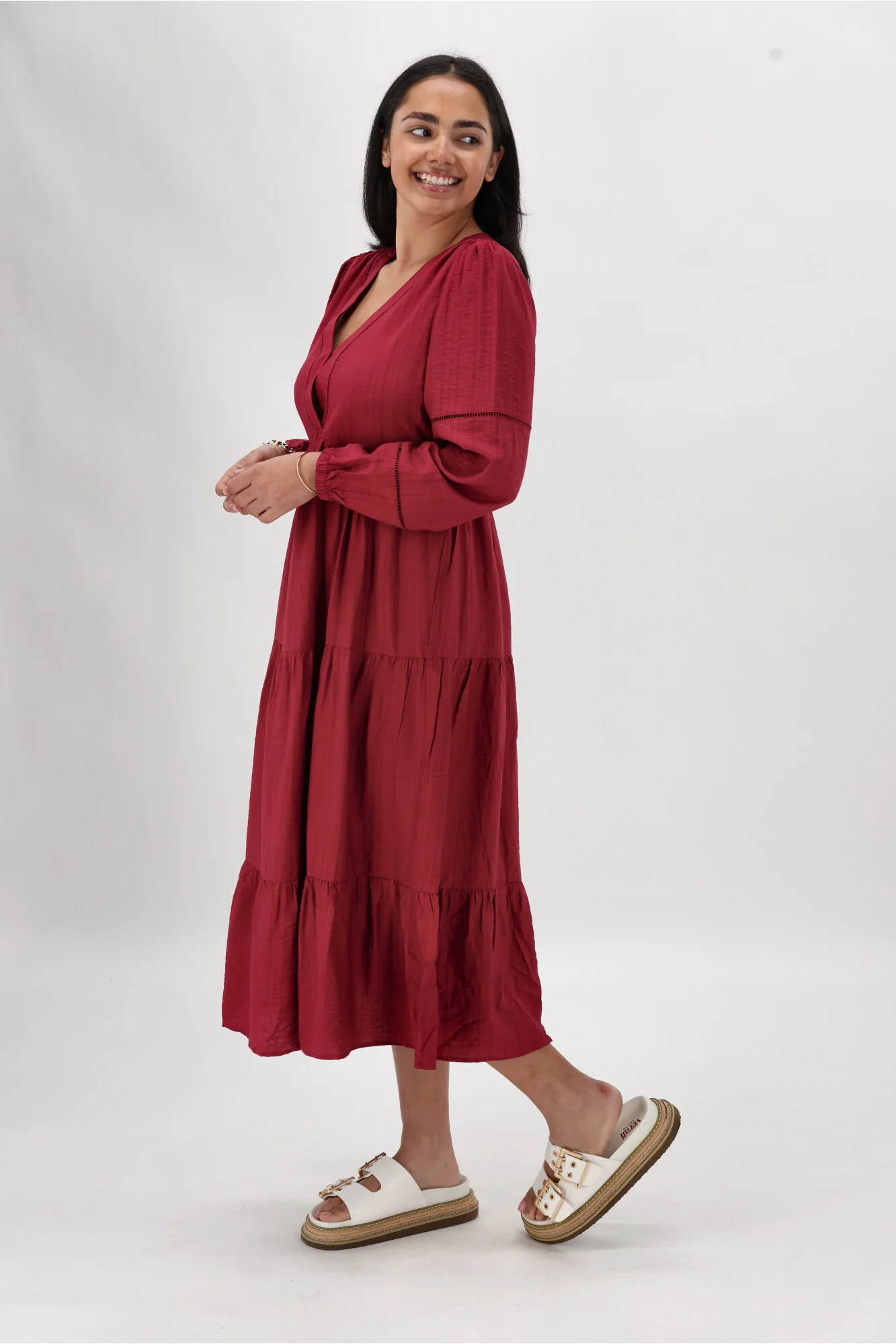 Gloss The Label Maye Shirred Sleeve Dress Cranberry - Image 7