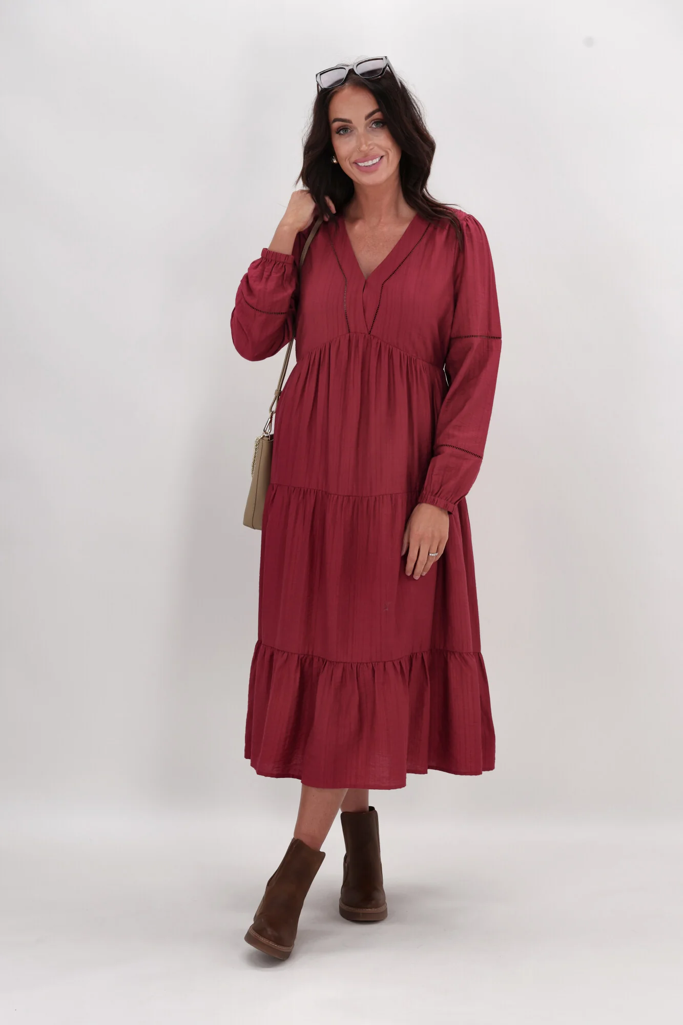 Gloss The Label Maye Shirred Sleeve Dress Cranberry - Image 8