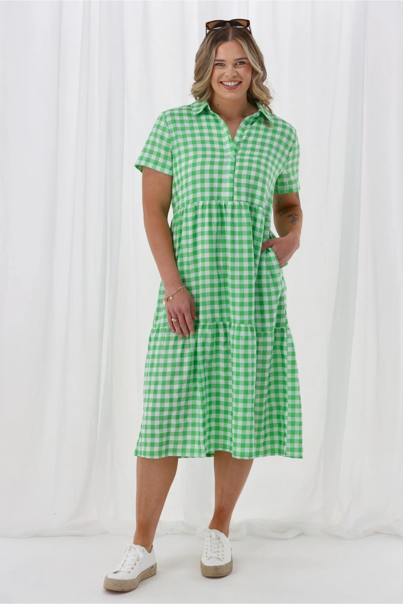 Gloss The Label Nadia Dress Green White Gingham - Image 4