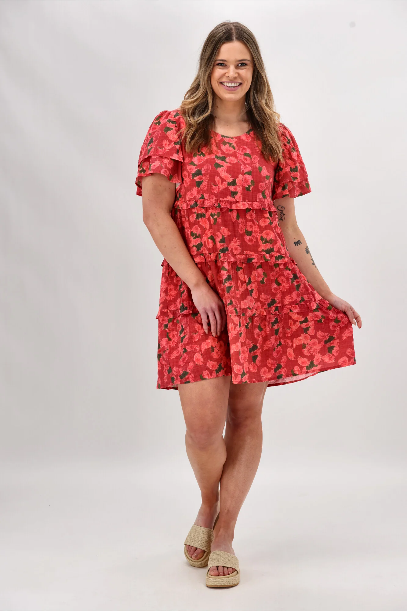 Gloss The Label Nayala Ruffle Tier Dress Coral Red Print