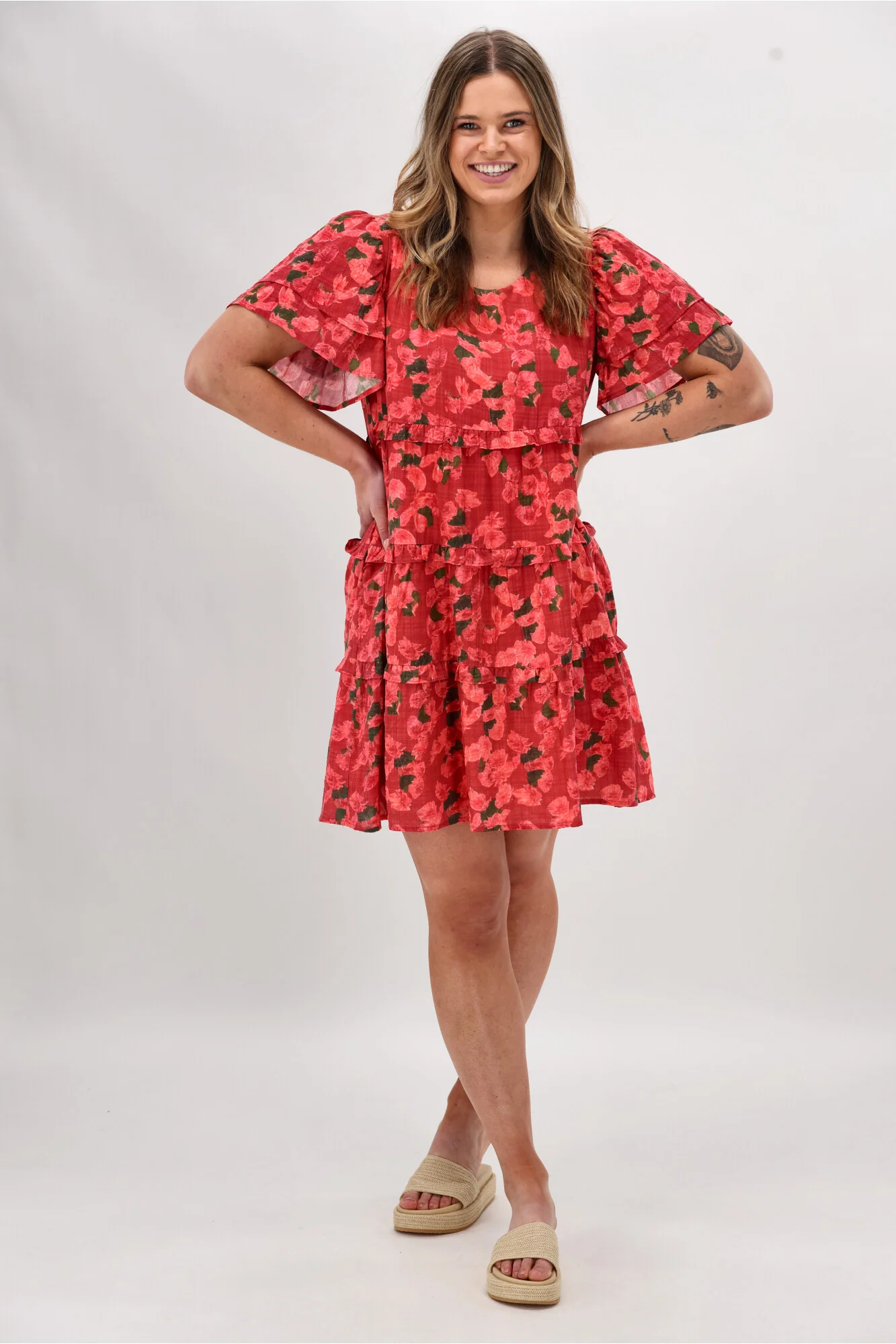 Gloss The Label Nayala Ruffle Tier Dress Coral Red Print - Image 3