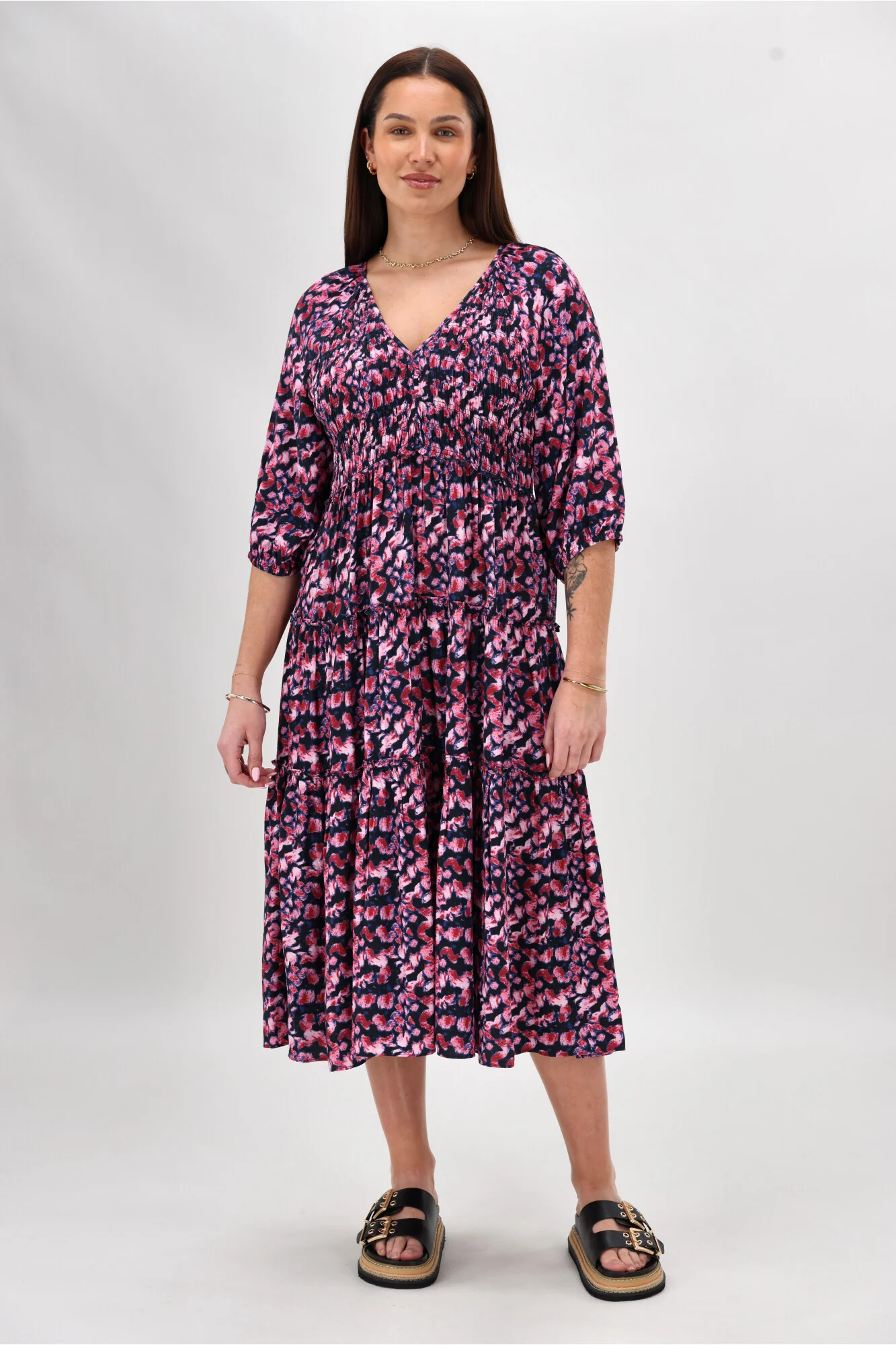 Gloss The Label On Saddah Angle Shirred Bodice Dress Pink Abstract Print - Image 2