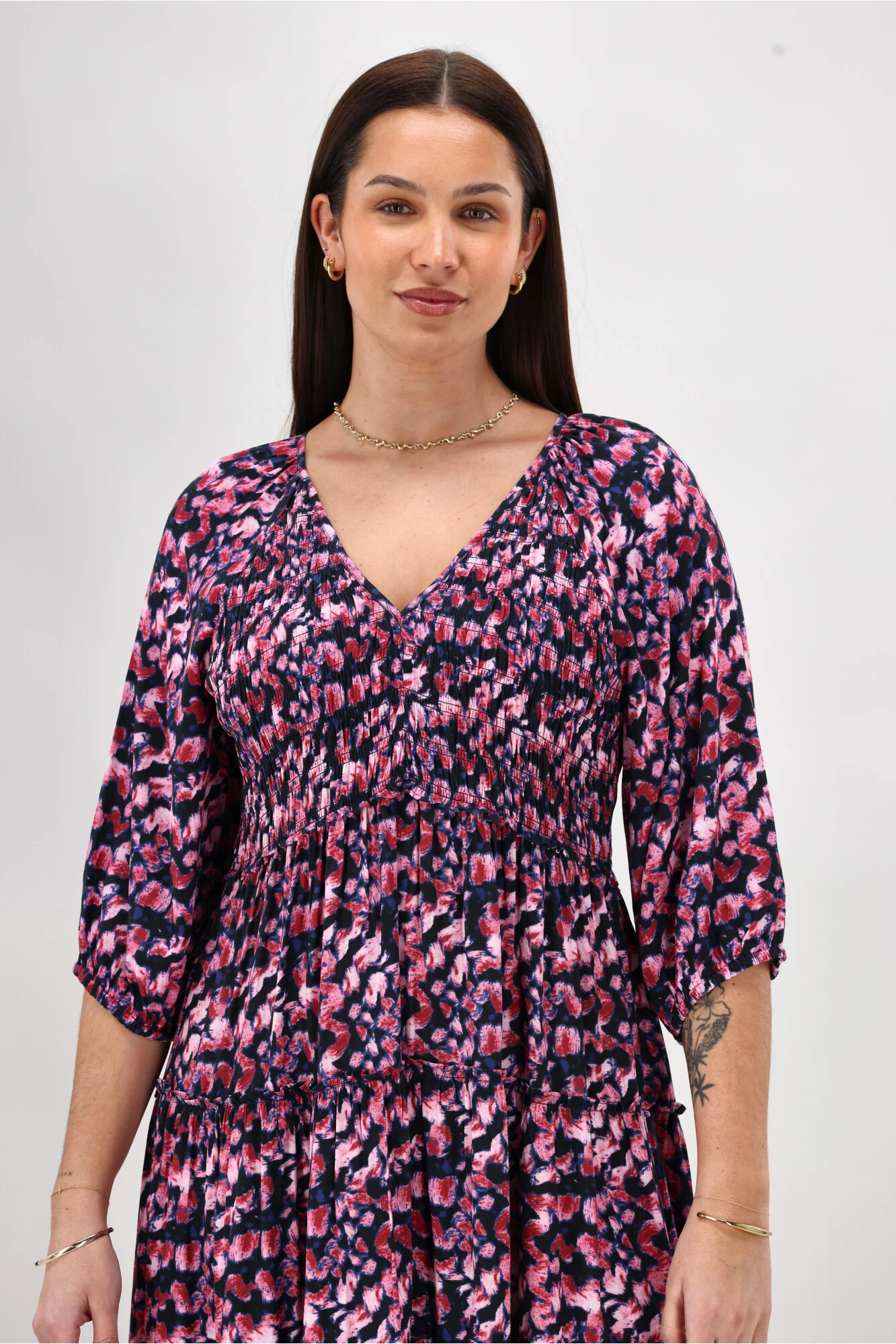 Gloss The Label On Saddah Angle Shirred Bodice Dress Pink Abstract Print - Image 3