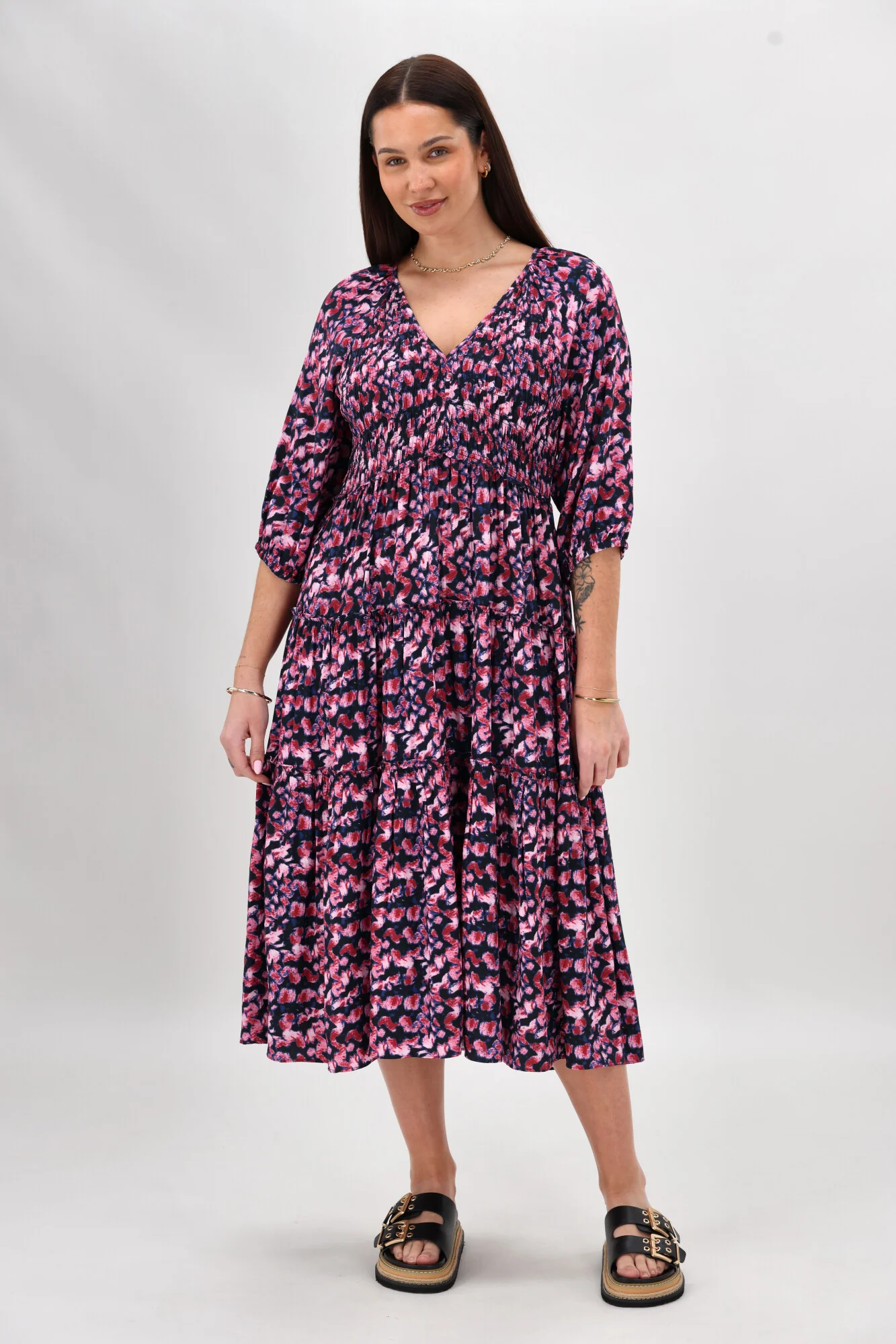 Gloss The Label On Saddah Angle Shirred Bodice Dress Pink Abstract Print - Image 5