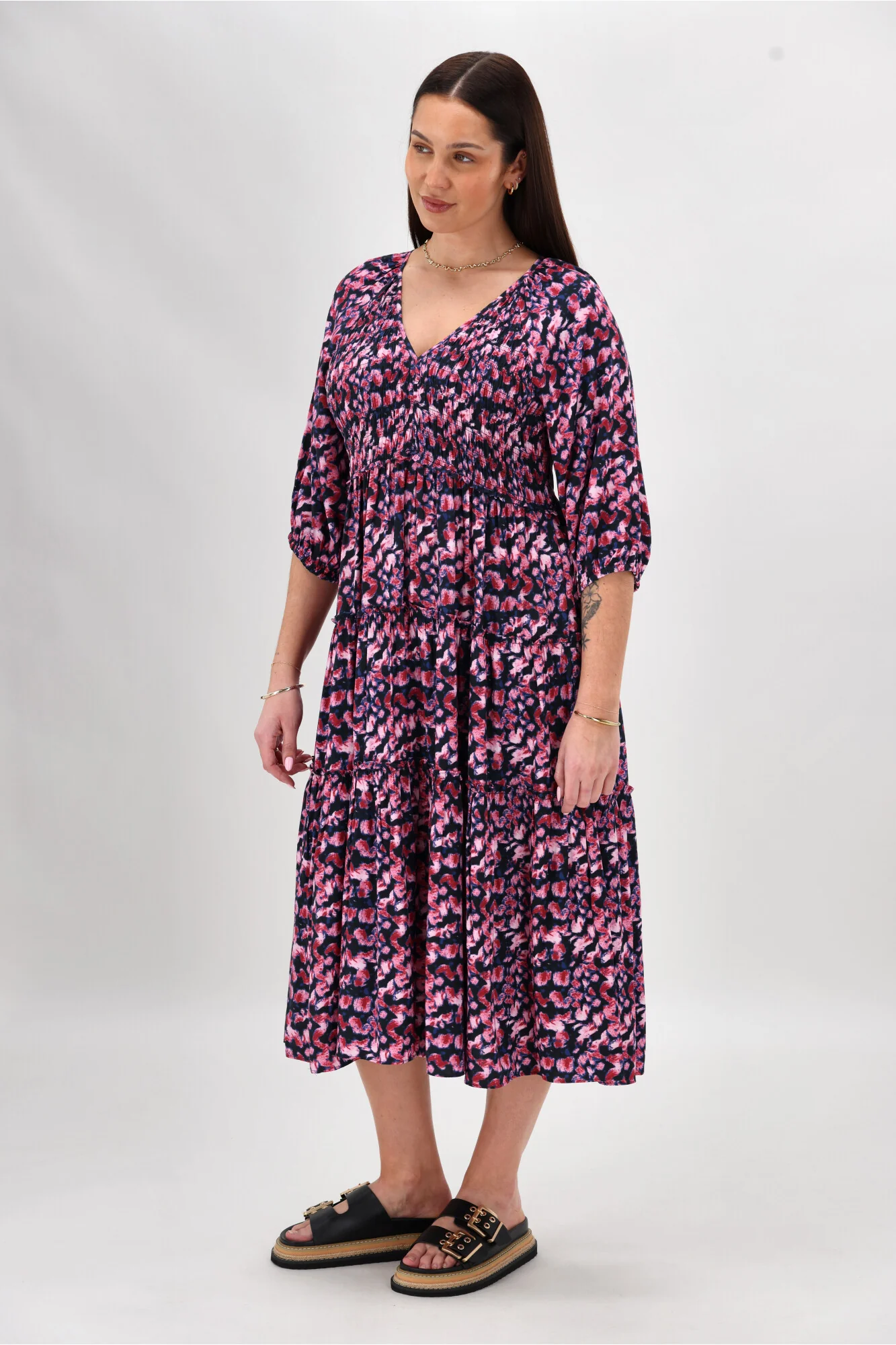 Gloss The Label On Saddah Angle Shirred Bodice Dress Pink Abstract Print - Image 6