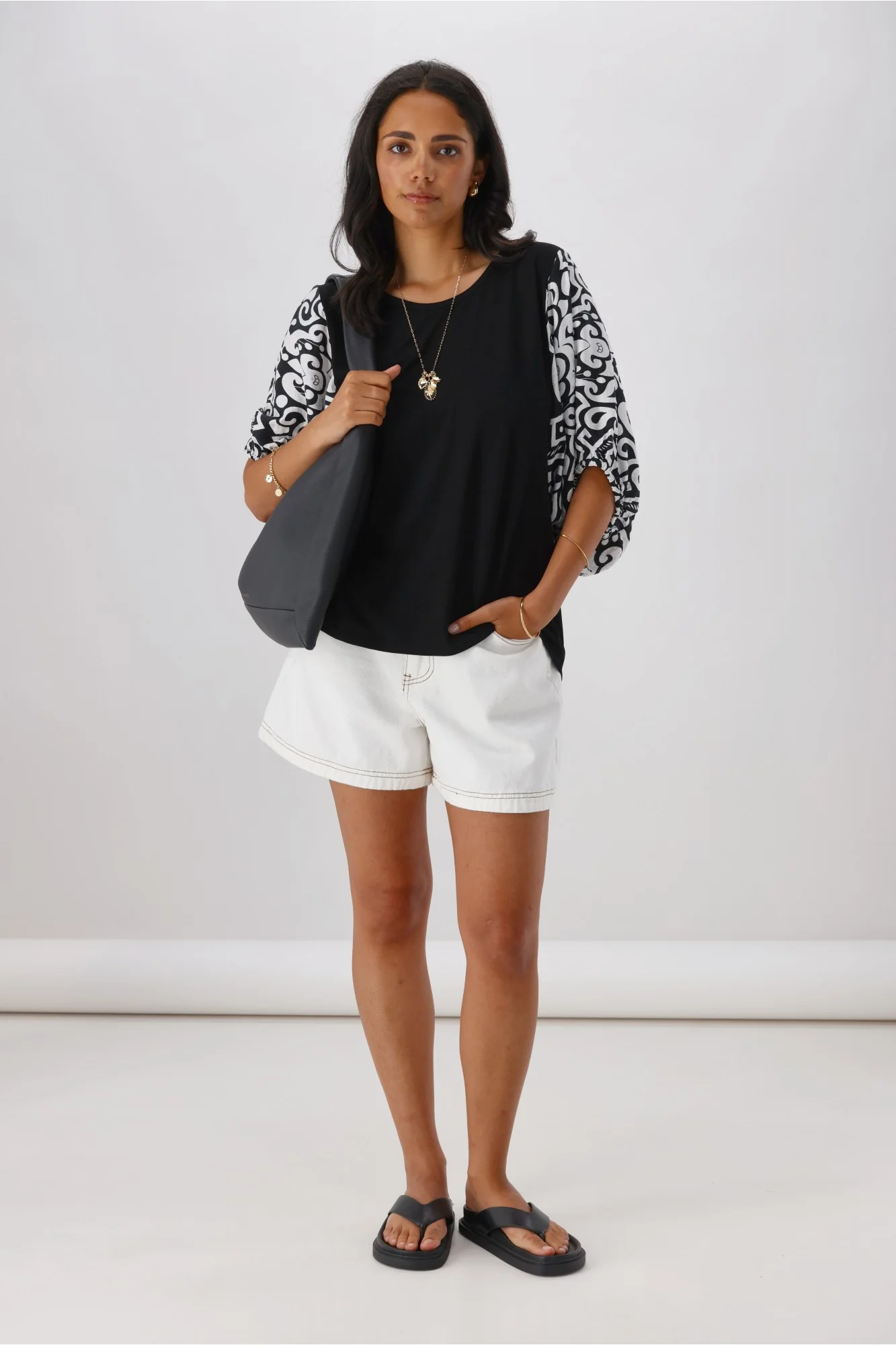 Gloss the Label Ornelle Contrast Sleeve Top Black Natural