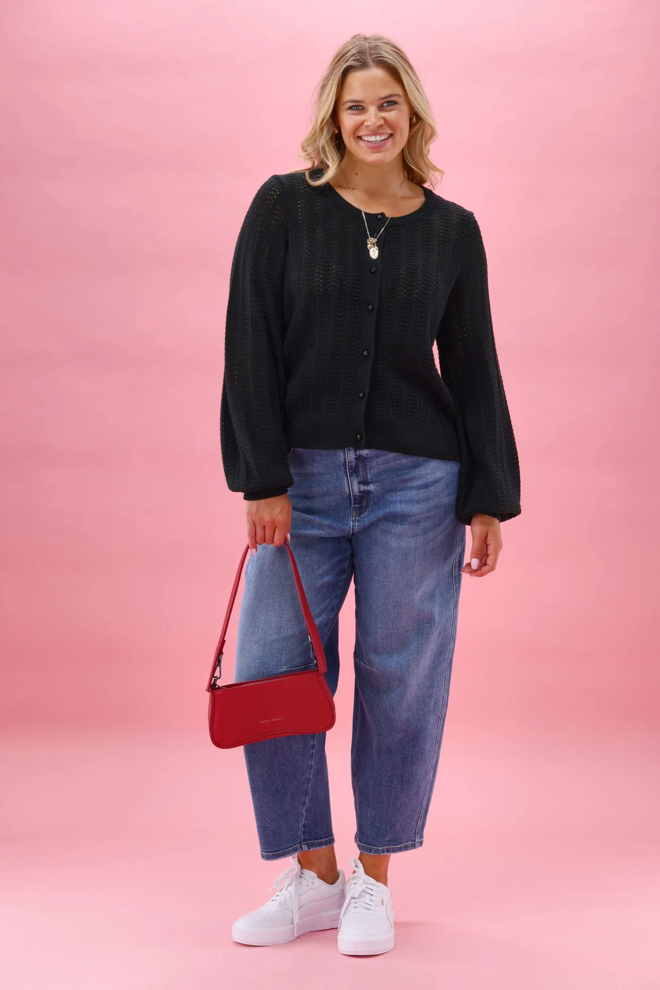 Gloss The Label Osita Puff Sleeve Cardigan Lace Knit Black - Image 3