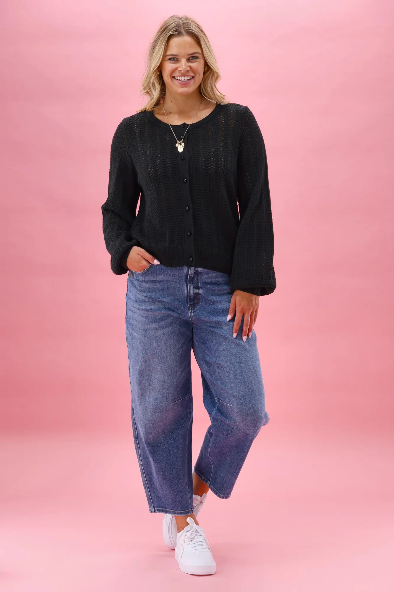 Gloss The Label Osita Puff Sleeve Cardigan Lace Knit Black - Image 5