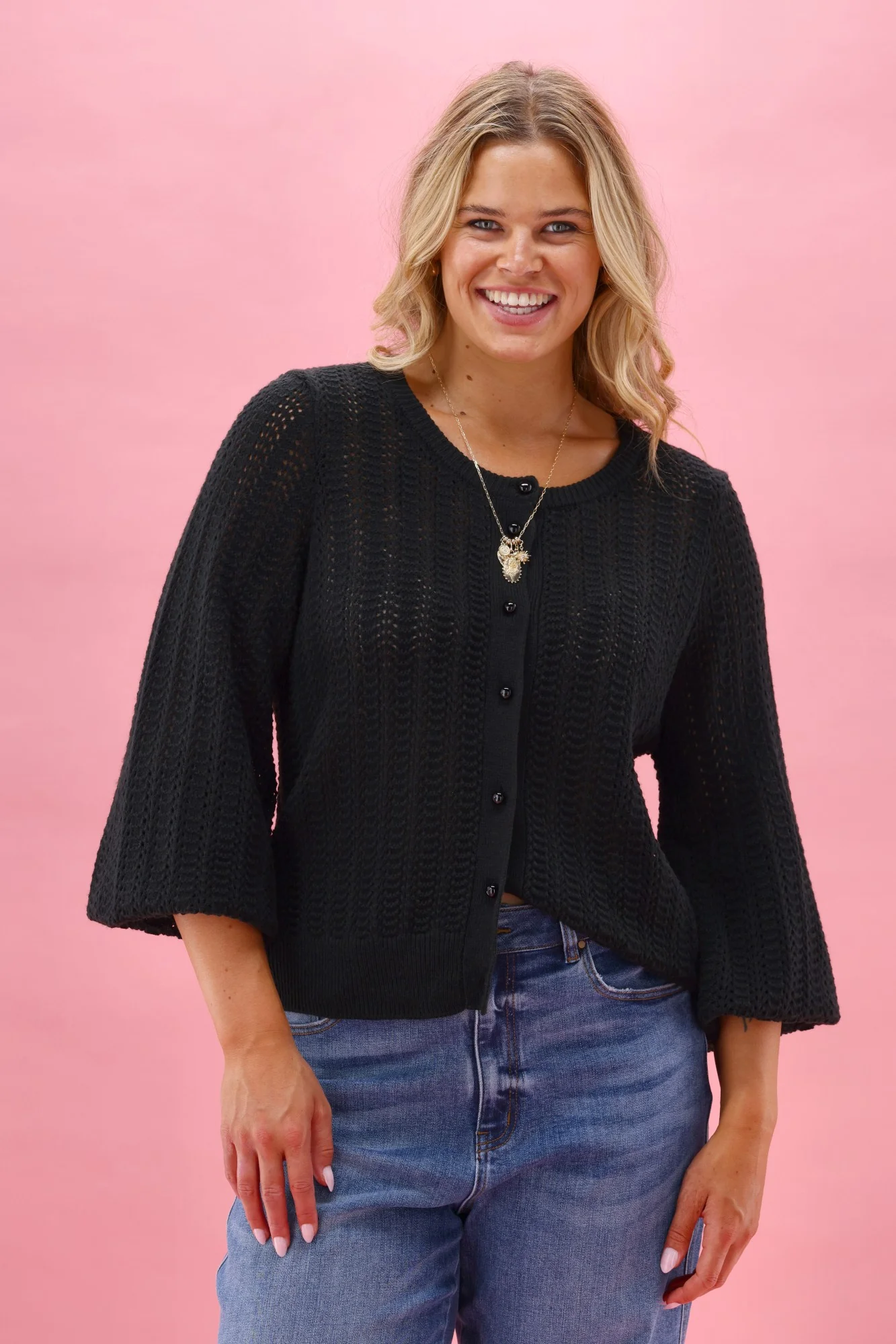 Gloss The Label Osita Puff Sleeve Cardigan Lace Knit Black - Image 7