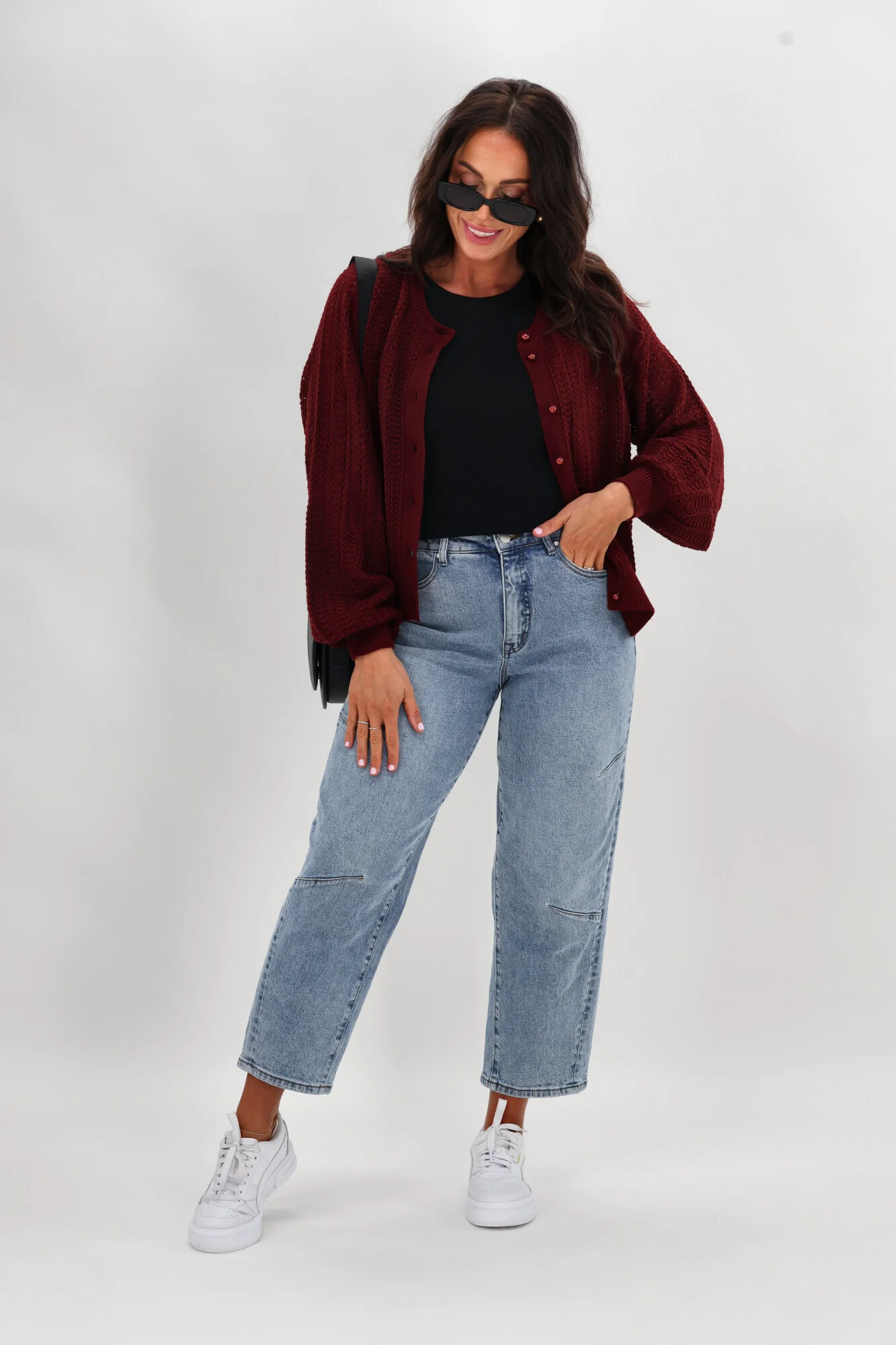 Gloss The Label Osita Puff Sleeve Cardigan Lace Knit Merlot - Image 5