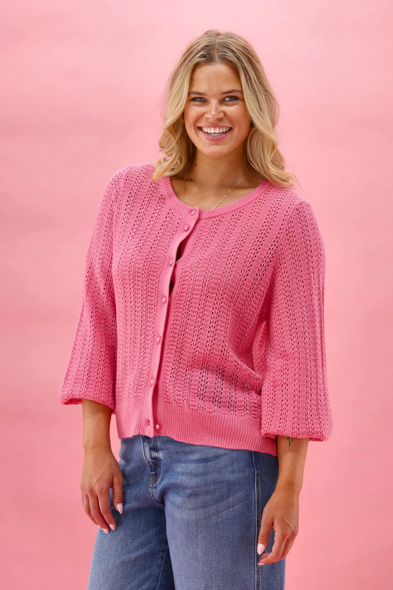 Gloss The Label Osita Puff Sleeve Cardigan Lace Knit Pink - Image 2