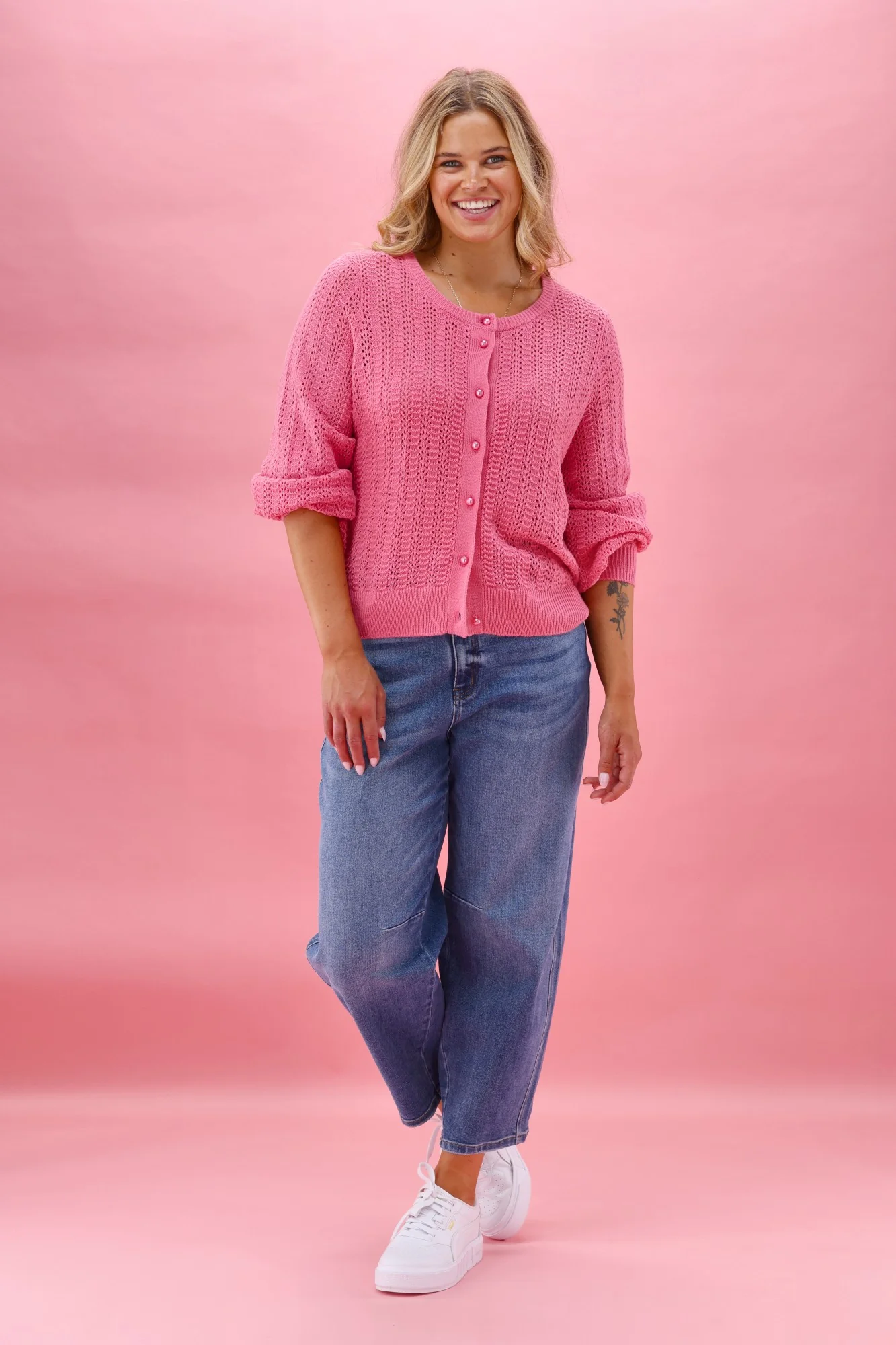 Gloss The Label Osita Puff Sleeve Cardigan Lace Knit Pink - Image 3