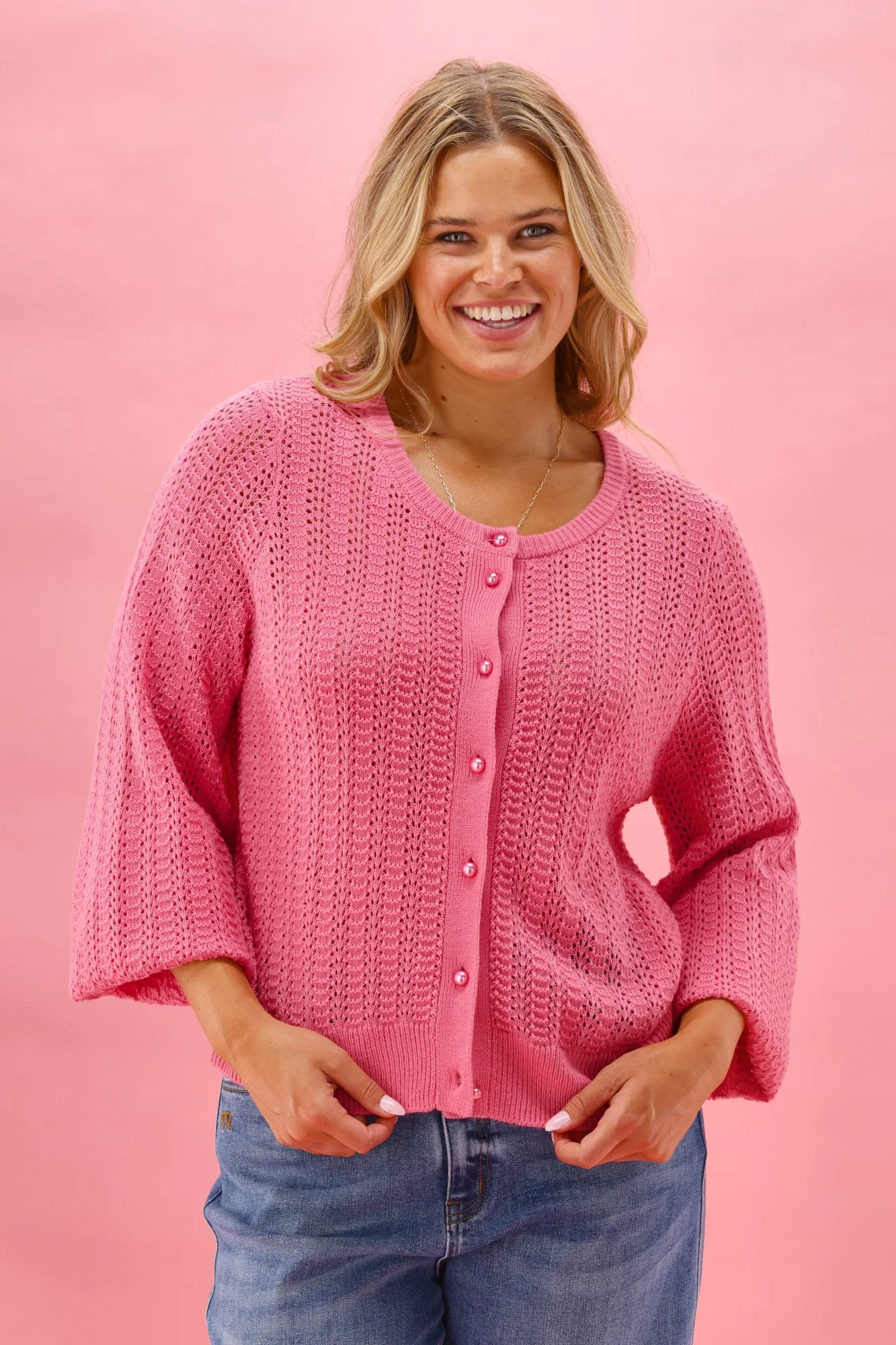 Gloss The Label Osita Puff Sleeve Cardigan Lace Knit Pink - Image 4