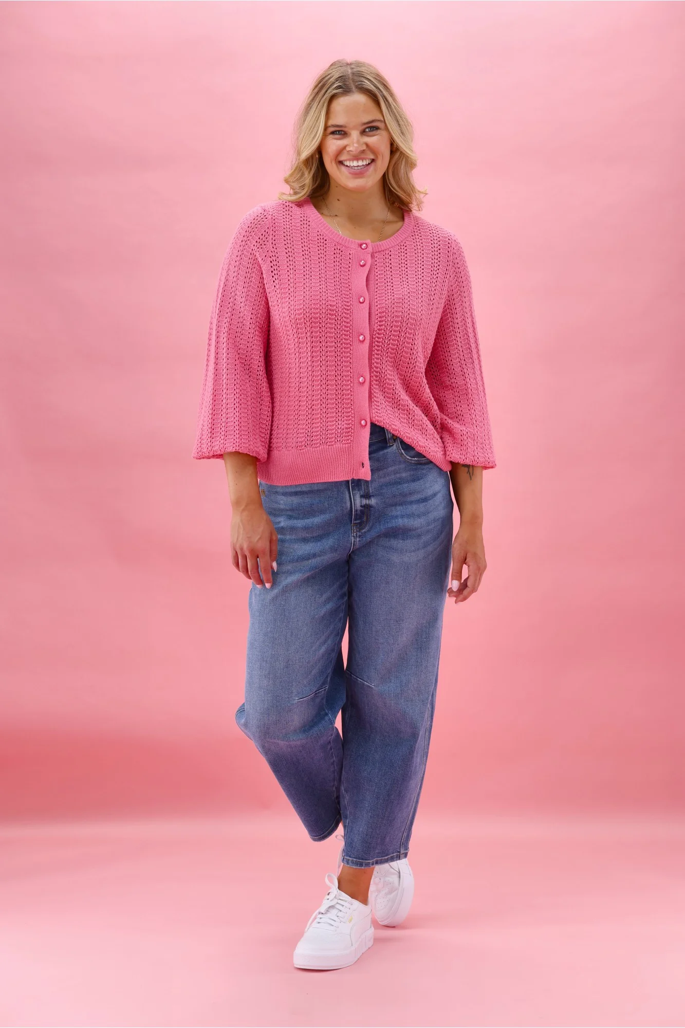 Gloss The Label Osita Puff Sleeve Cardigan Lace Knit Pink - Image 5