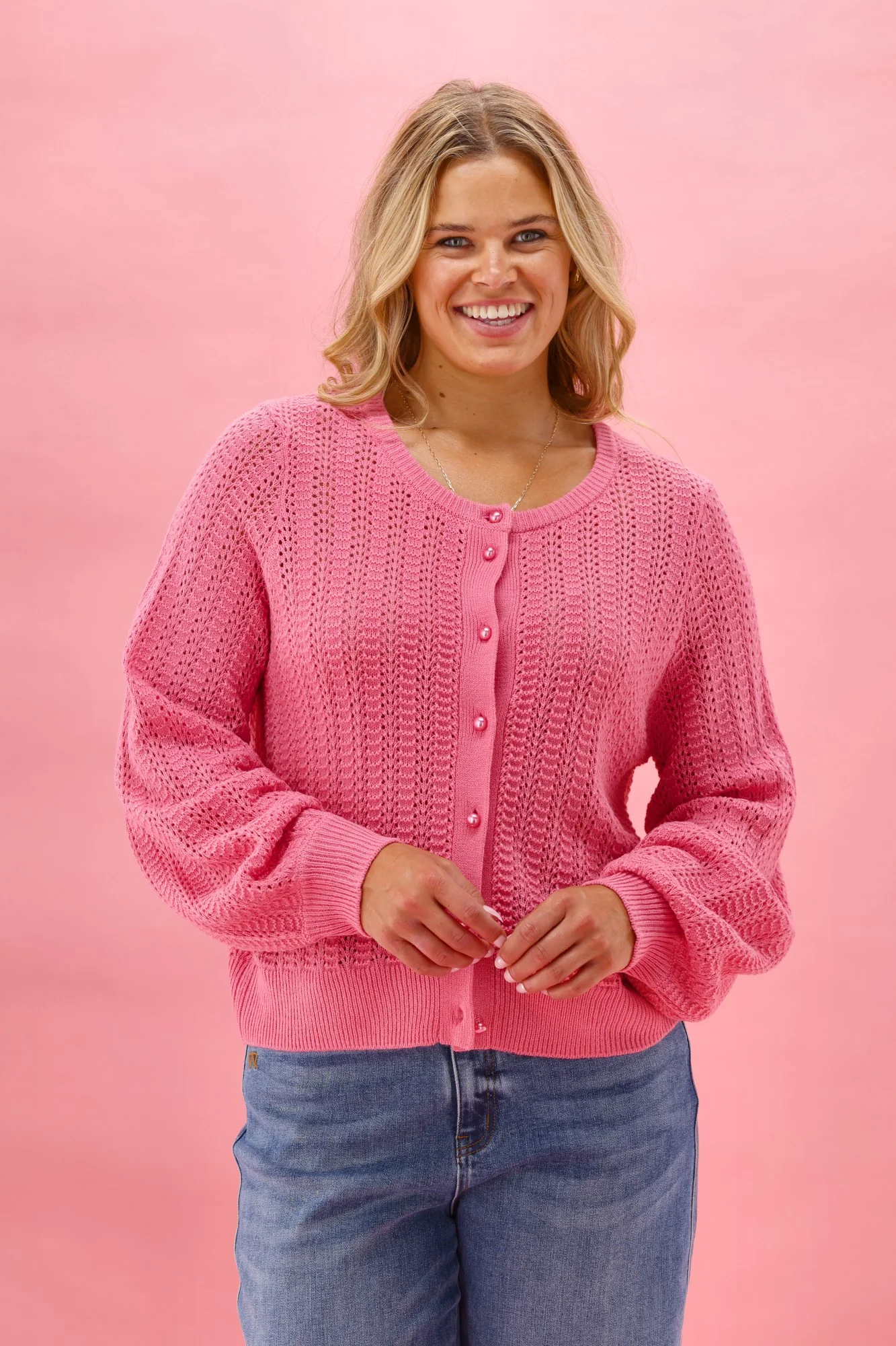 Gloss The Label Osita Puff Sleeve Cardigan Lace Knit Pink - Image 6