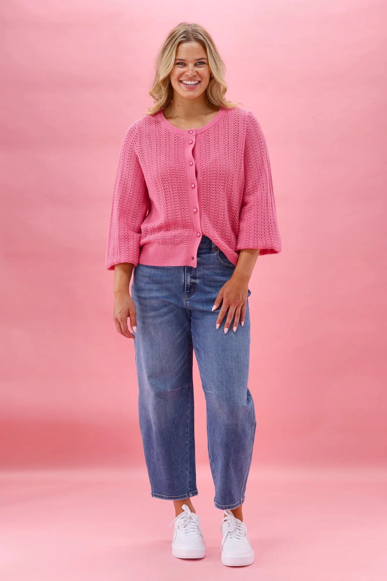 Gloss The Label Osita Puff Sleeve Cardigan Lace Knit Pink - Image 7