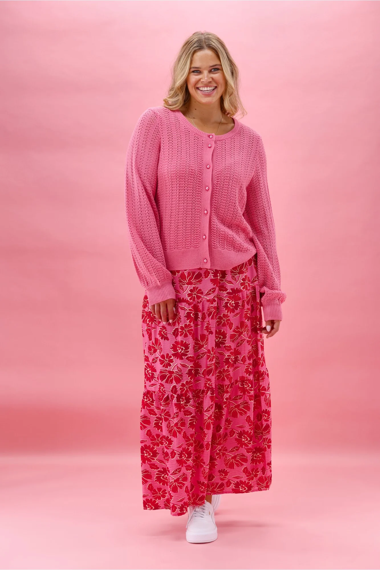Gloss The Label Osita Puff Sleeve Cardigan Lace Knit Pink - Image 8