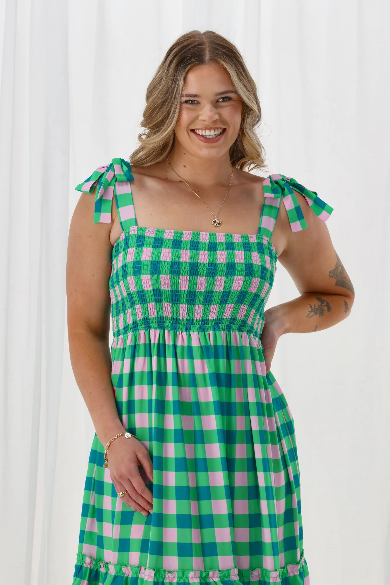 Gloss The Label Payton Tiered Dress Green Check - Image 2