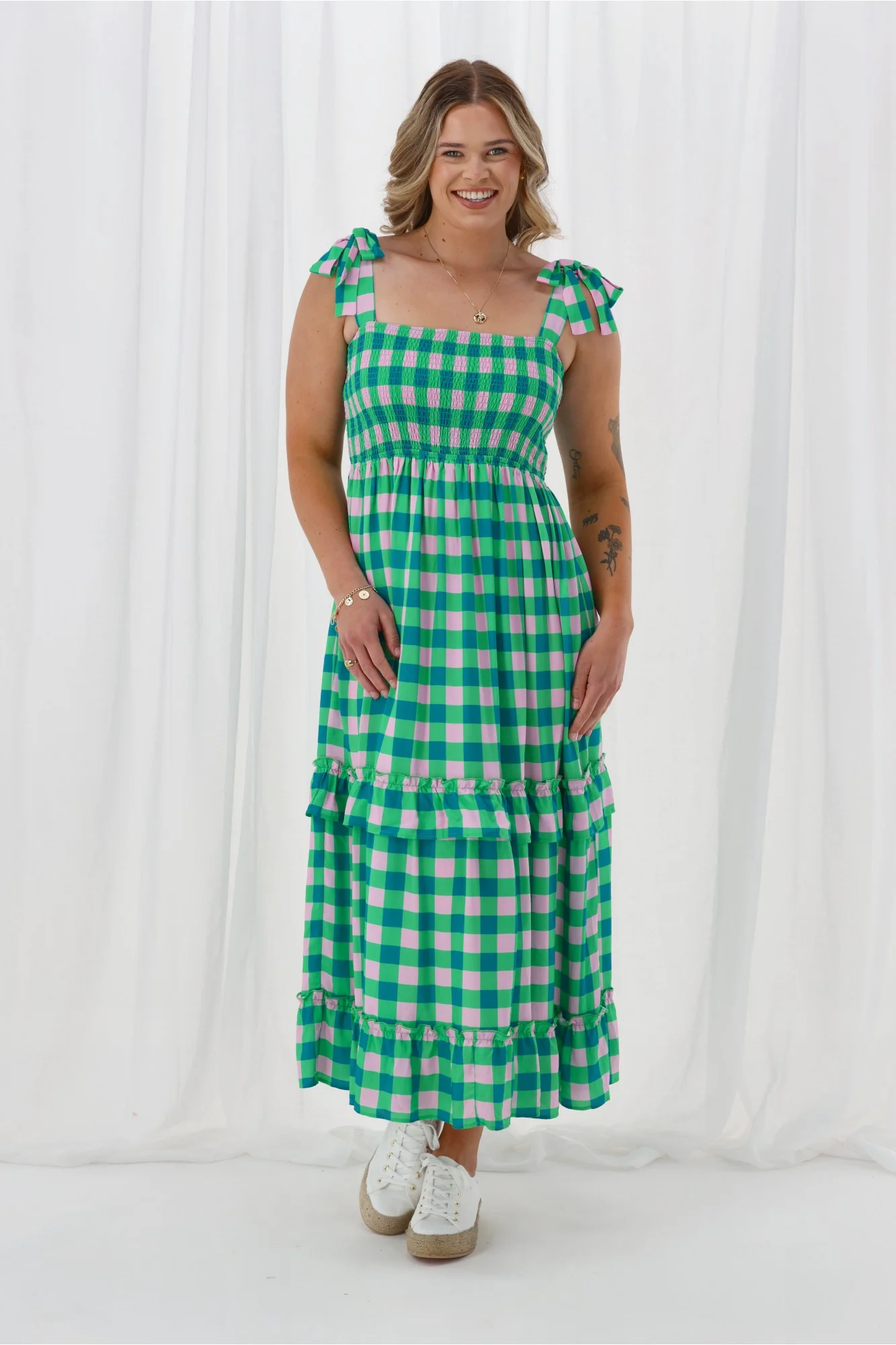 Gloss The Label Payton Tiered Dress Green Check - Image 3