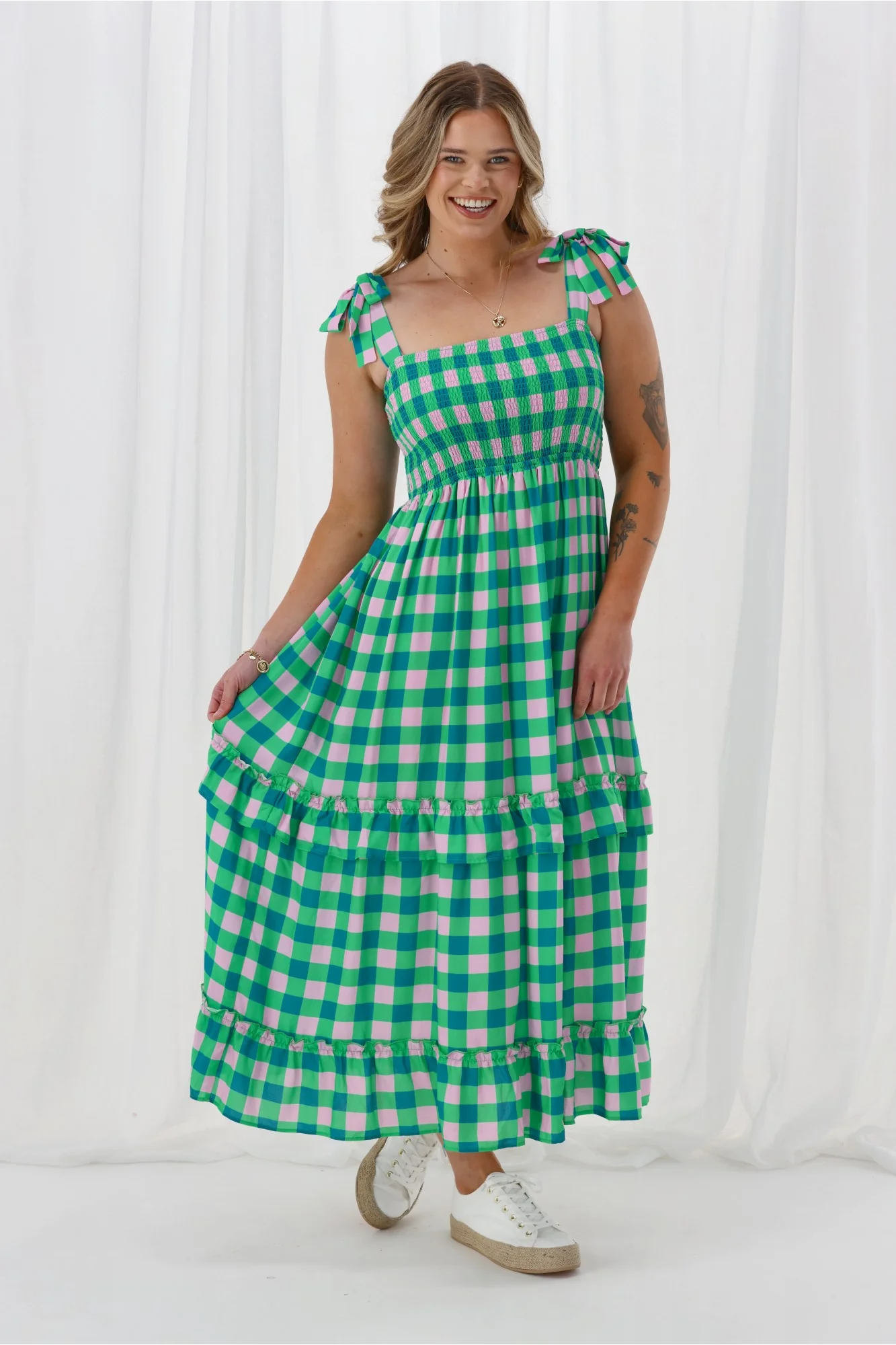 Gloss The Label Payton Tiered Dress Green Check - Image 4