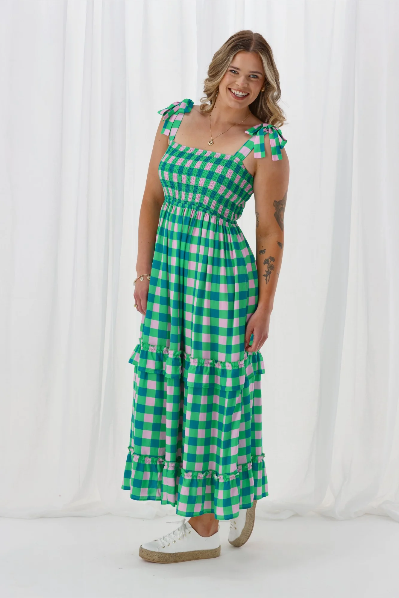 Gloss The Label Payton Tiered Dress Green Check - Image 5