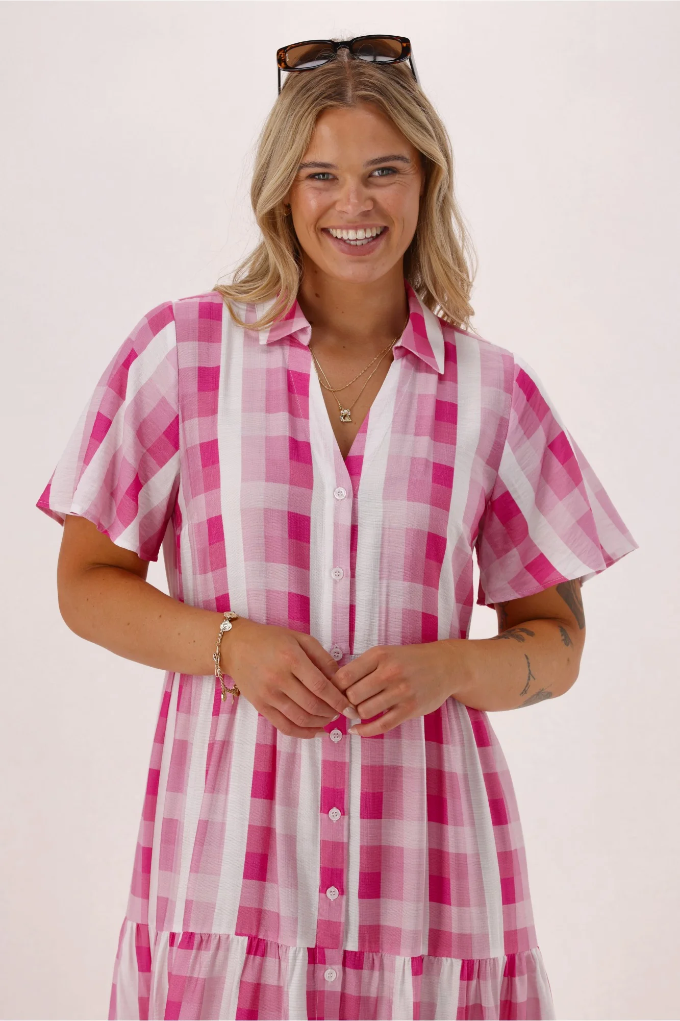 Gloss The Label Pinnacle Whimsical Dress Pink Check - Image 2