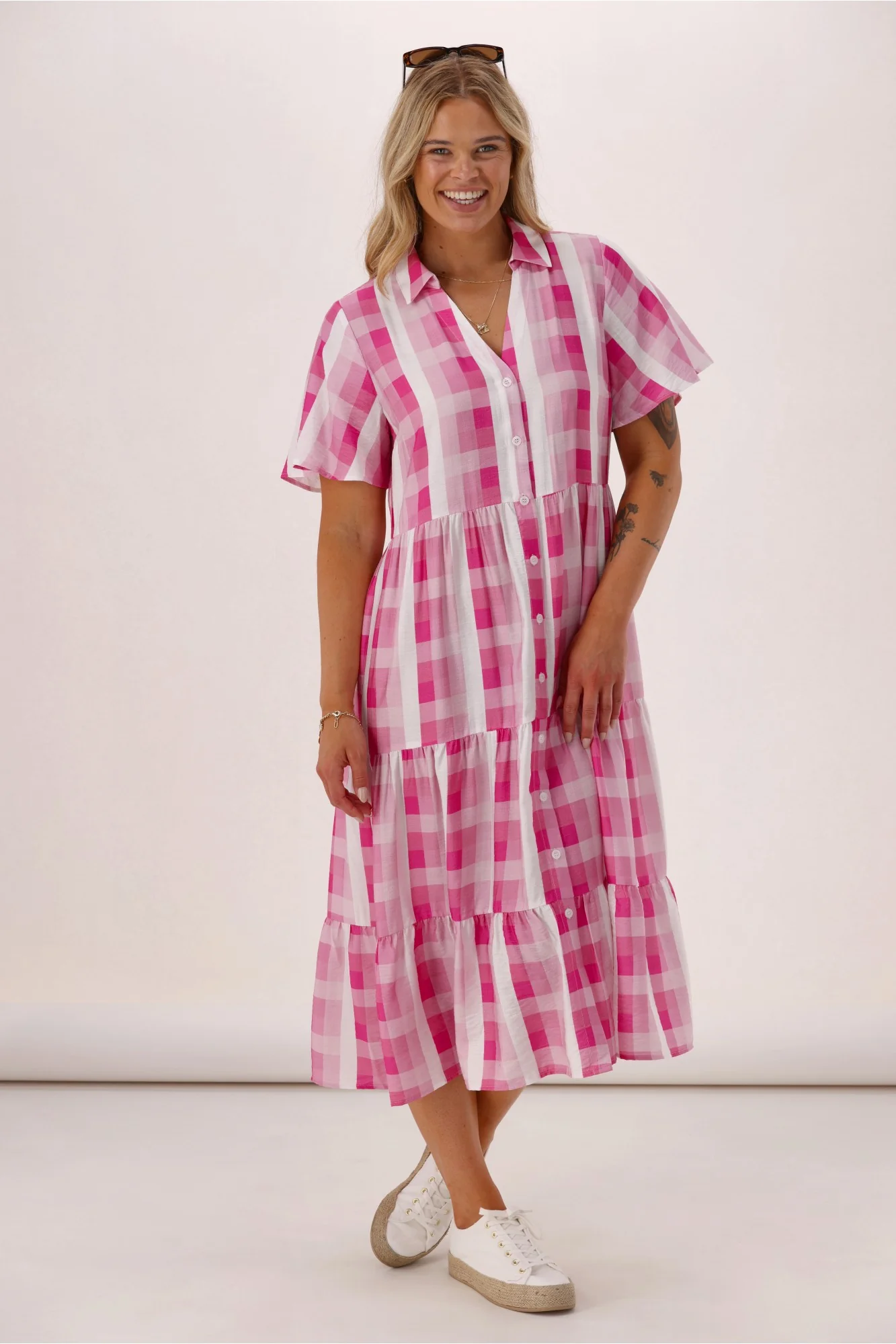 Gloss The Label Pinnacle Whimsical Dress Pink Check - Image 3