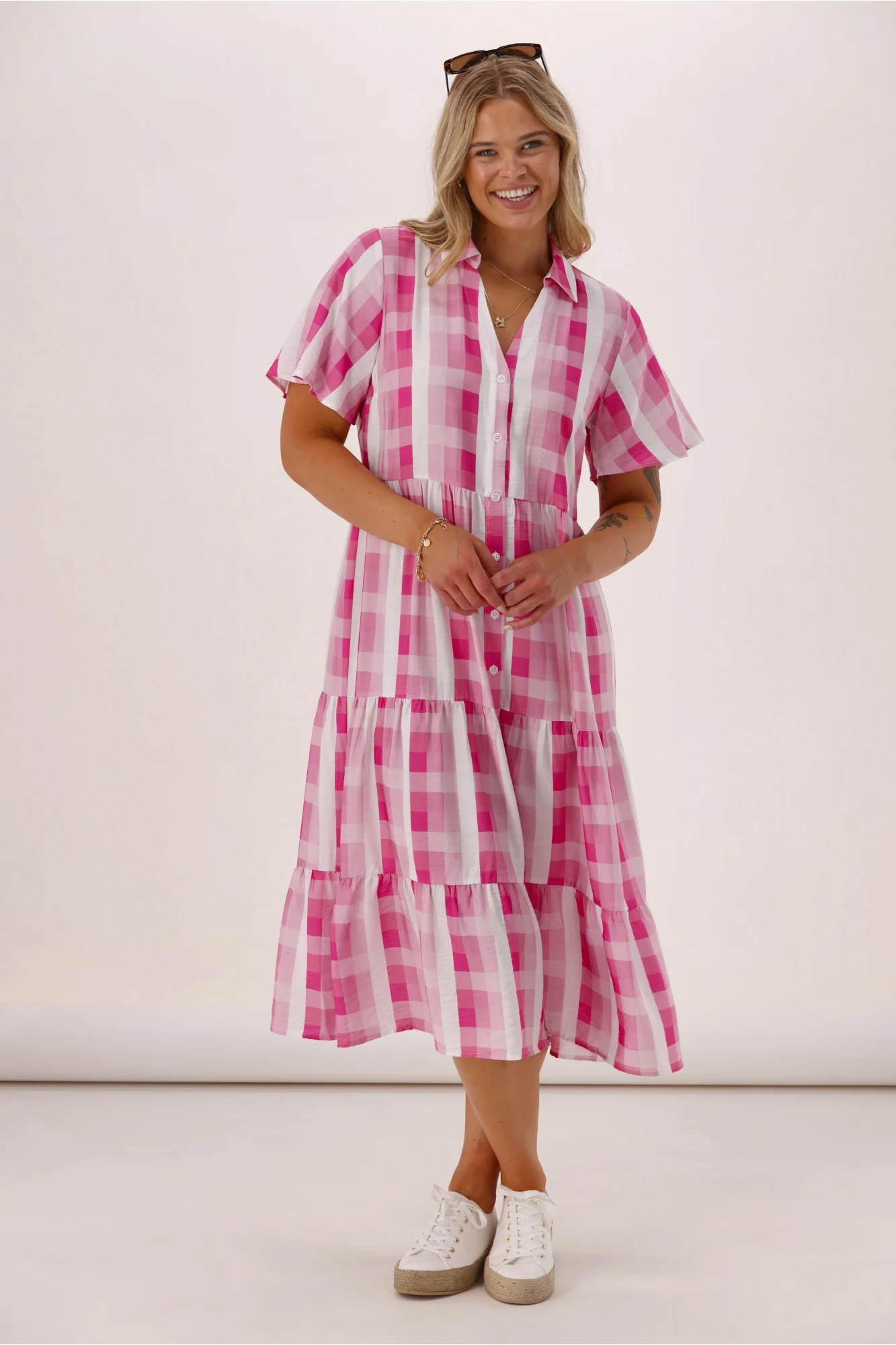 Gloss The Label Pinnacle Whimsical Dress Pink Check - Image 4