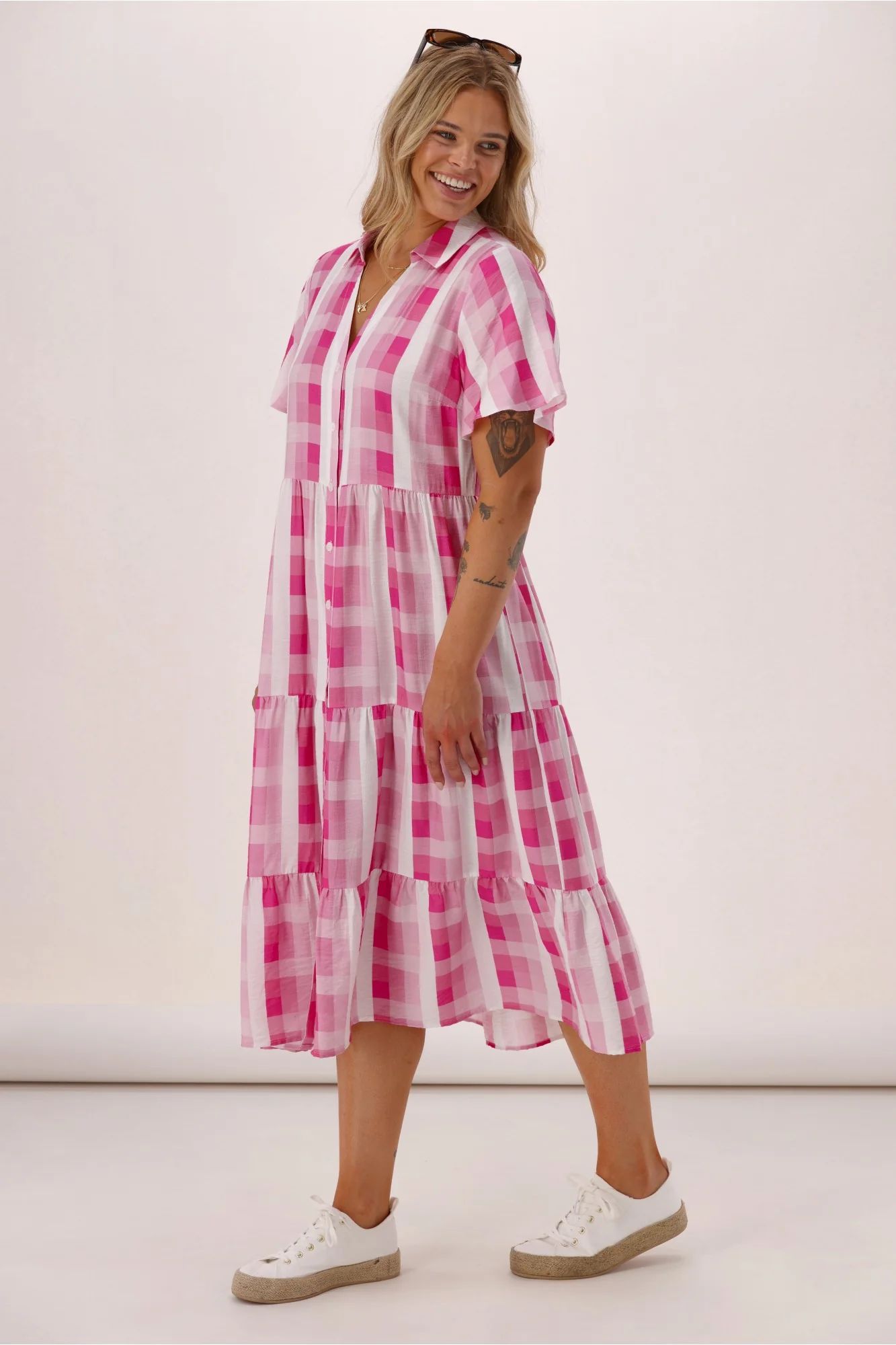 Gloss The Label Pinnacle Whimsical Dress Pink Check - Image 5
