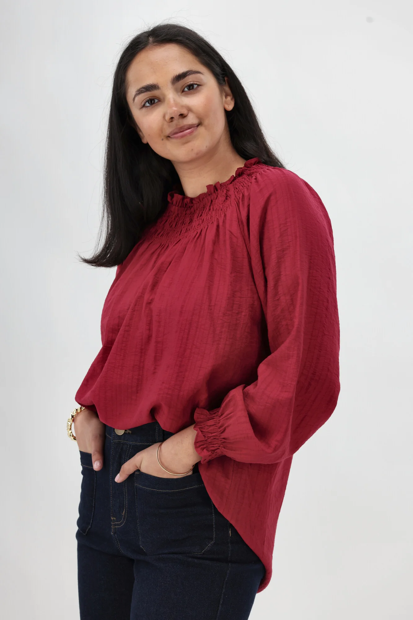 Gloss The Label Raewyn Shirred Neck Top Cranberry