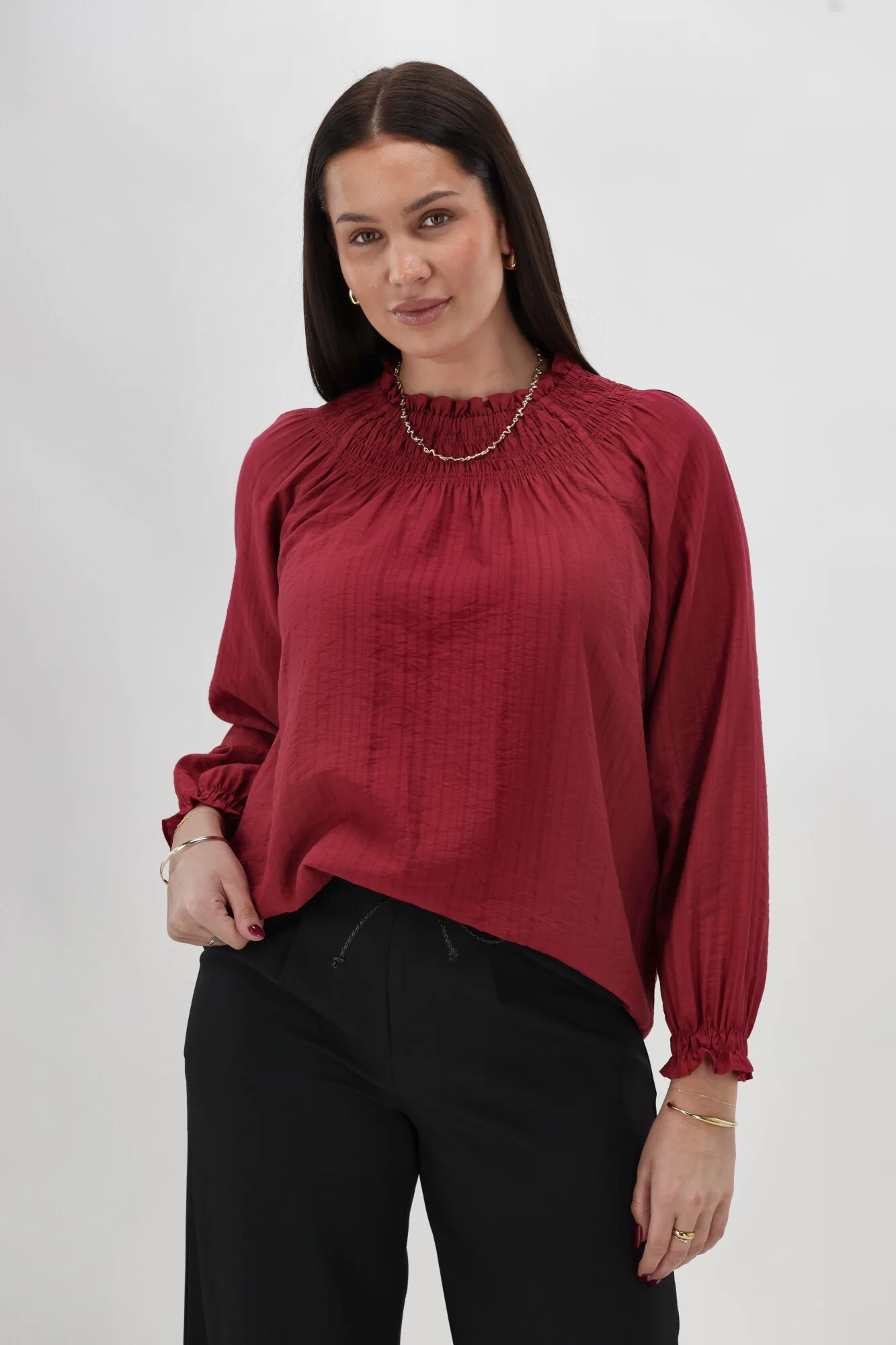 Gloss The Label Raewyn Shirred Neck Top Cranberry - Image 2