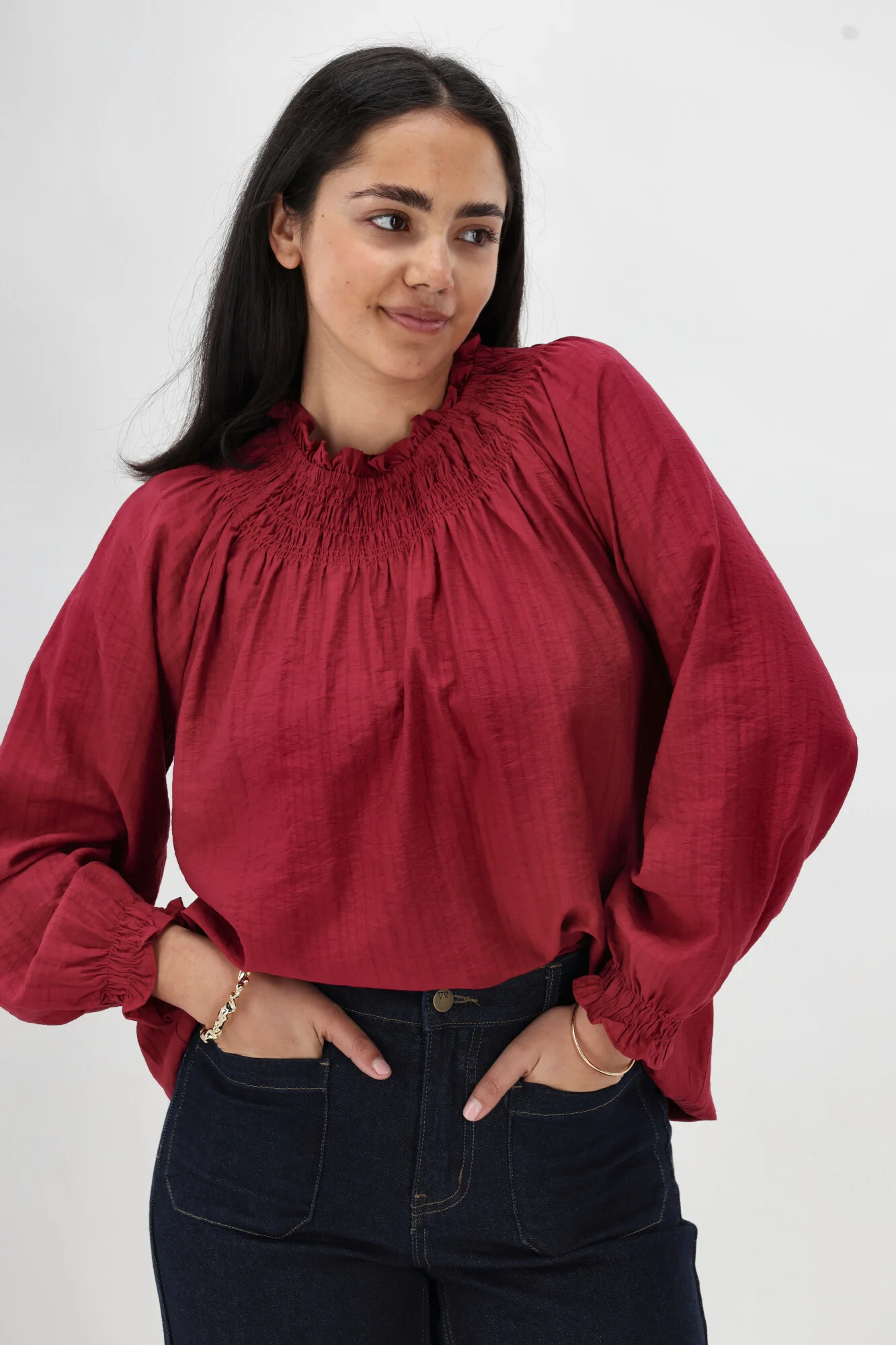 Gloss The Label Raewyn Shirred Neck Top Cranberry - Image 5