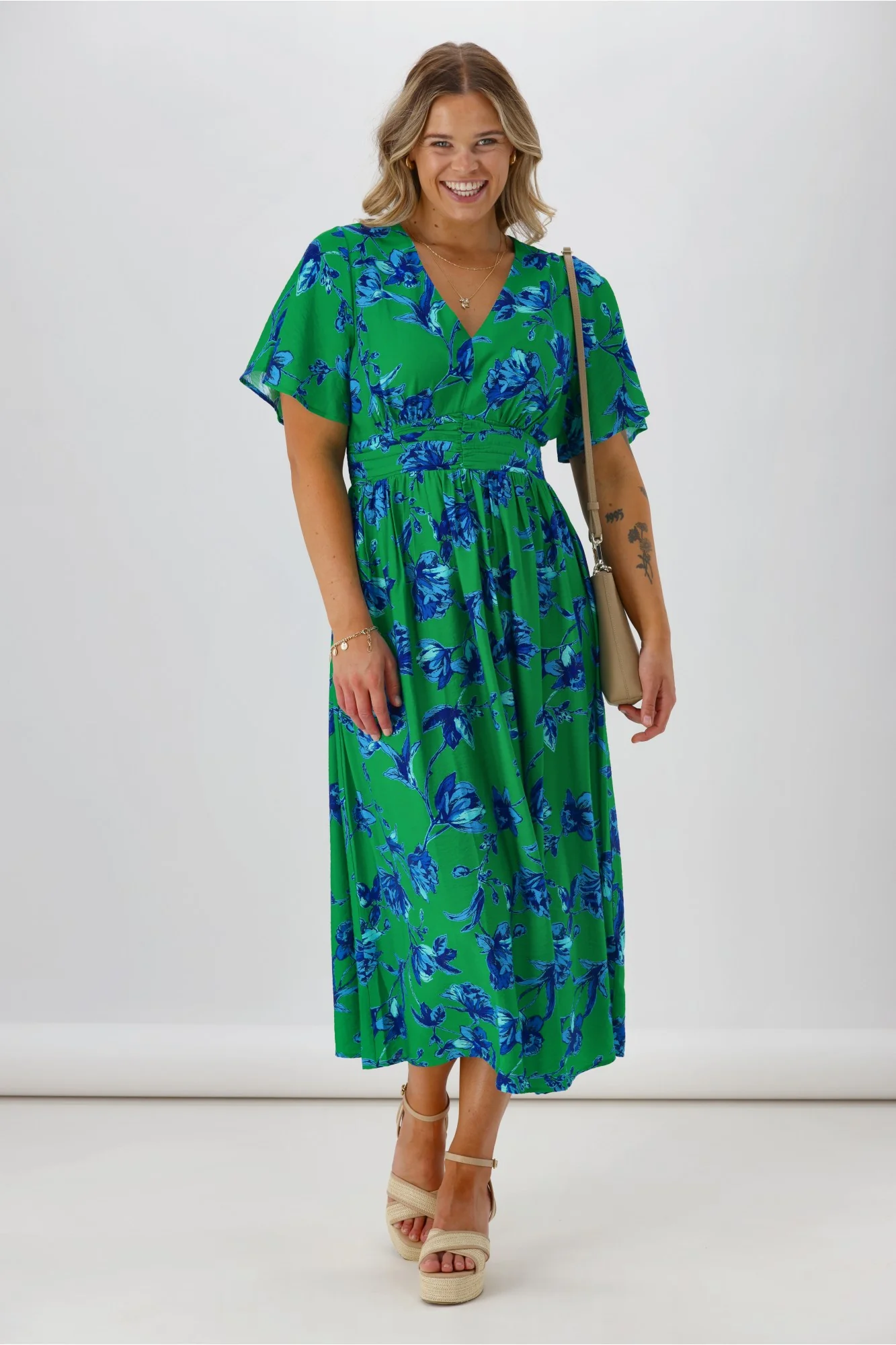 Gloss The Label Rohan Flutter Sleeve Dress Green Floral